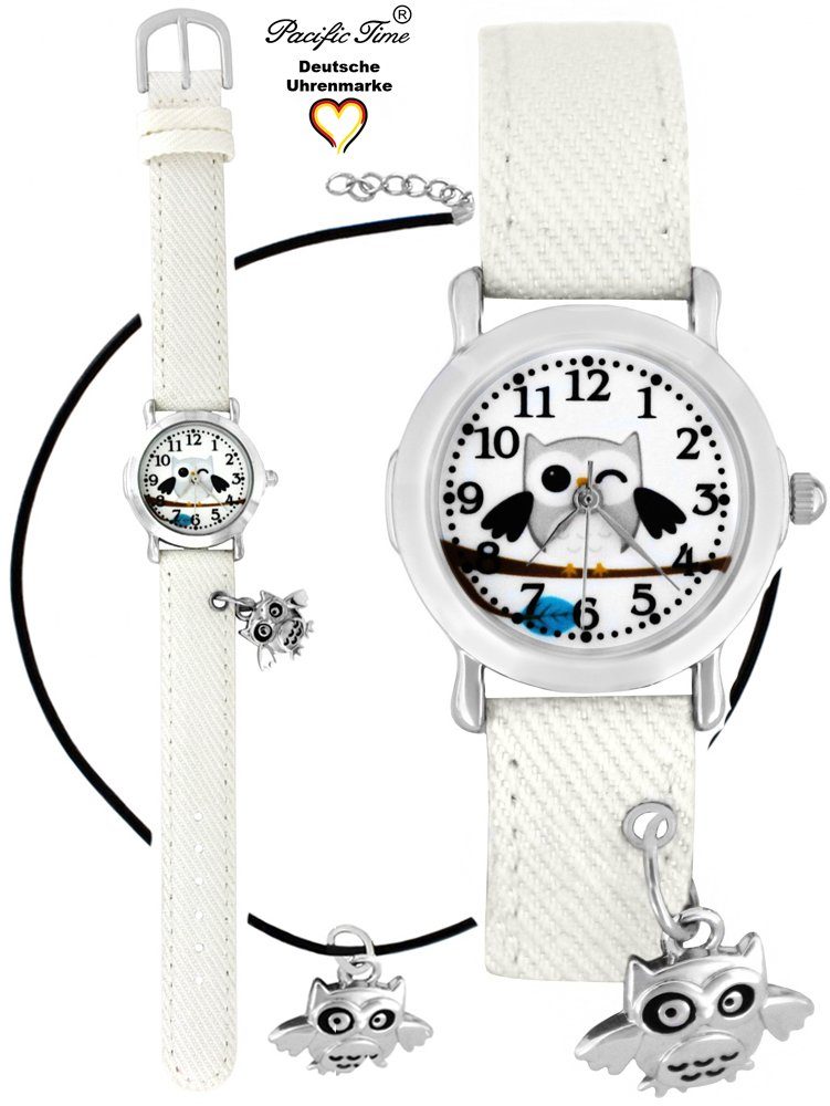 Versand Time Pacific Stoffarmband mit Set Kinder Armbanduhr Gratis Kette, und Eulenanhänger Quarzuhr