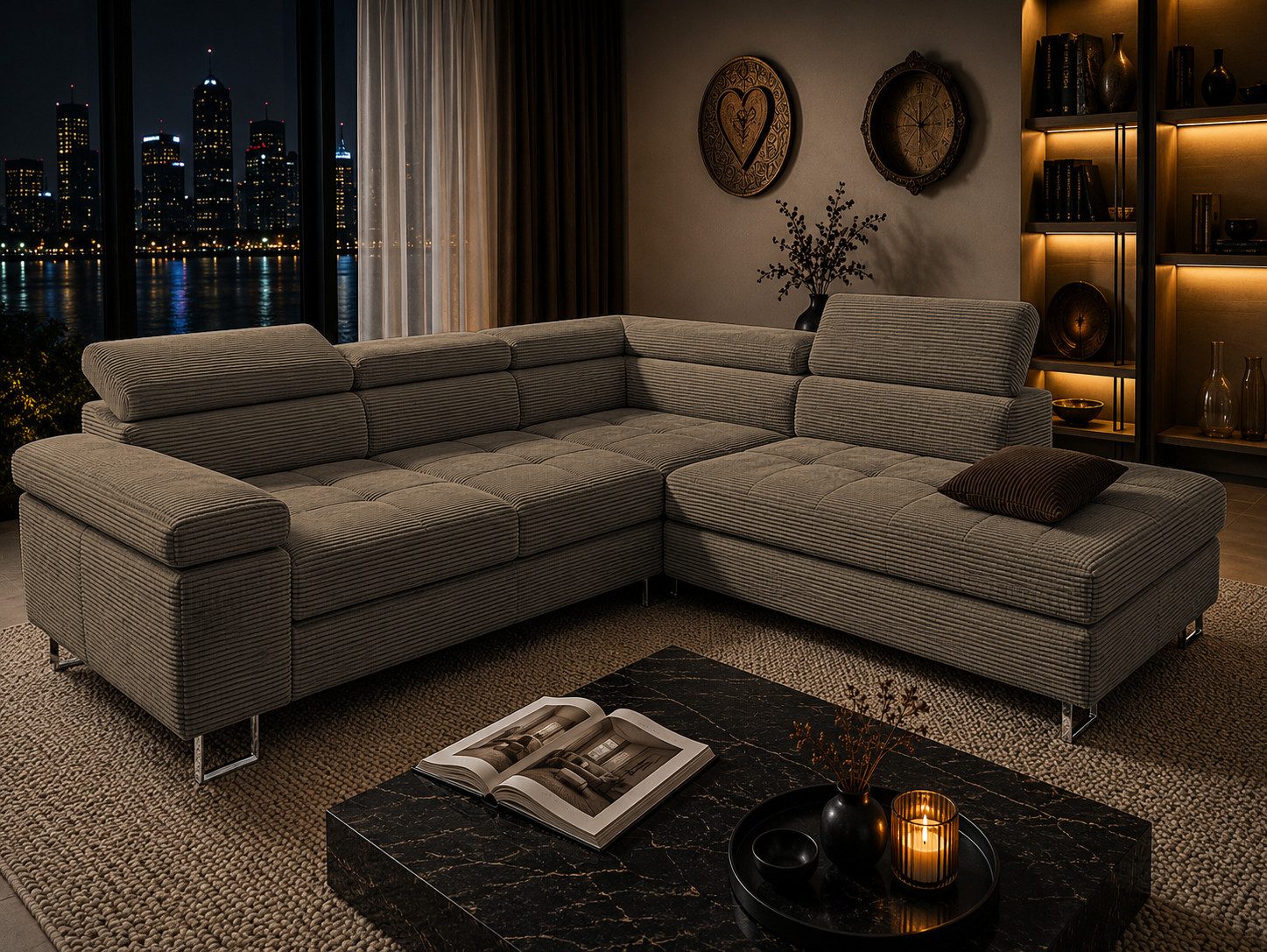 Goldstoff Ecksofa mit Schlaffunktion, Cord Couch für Wohnzimmer - Cord Ecksofa, Cord Sofa VOYAGE 2 Teile, Großer Bettkasten