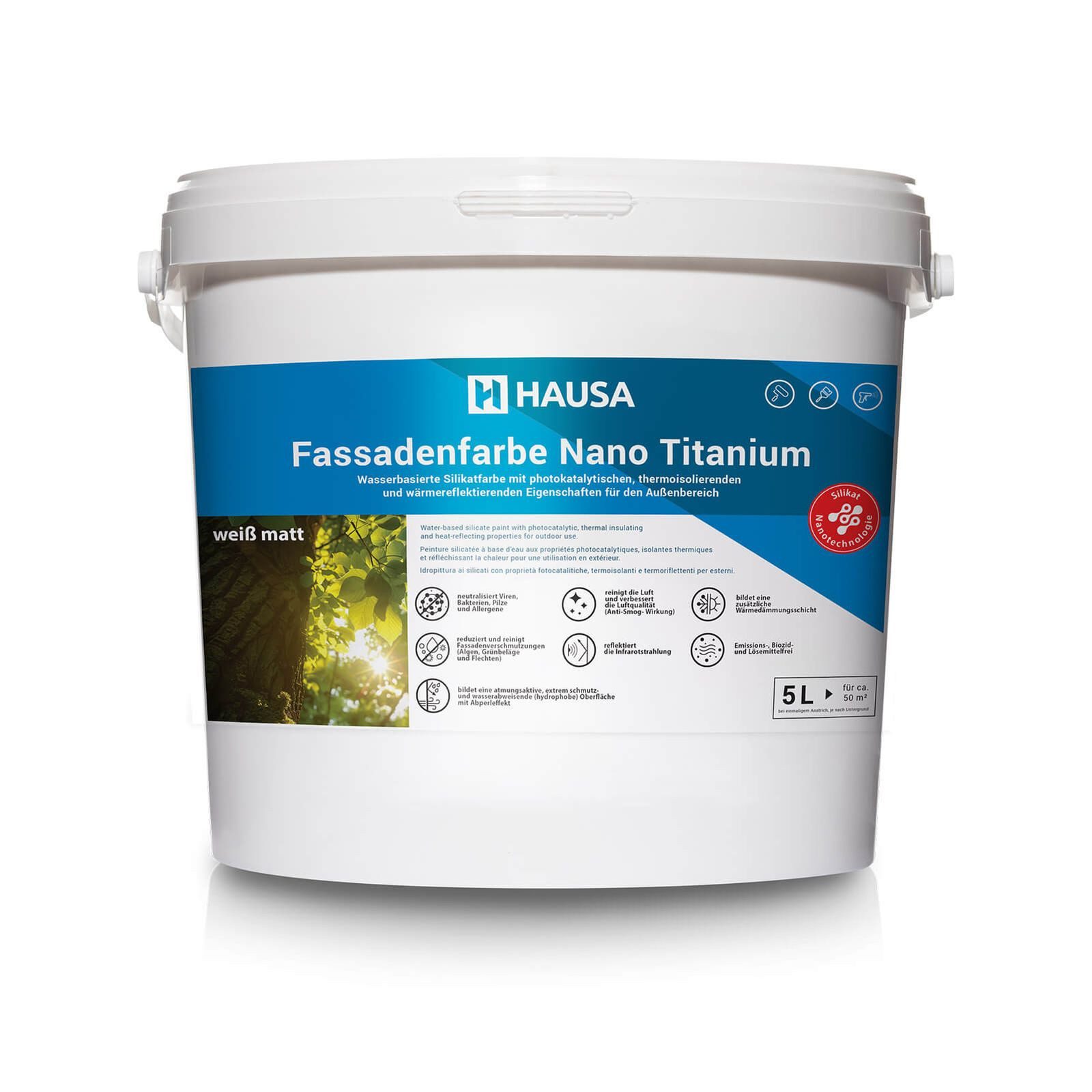 Hausa Fassadenfarbe Nano Titanium Außenfarbe, 10L für ca. 50 m² weiß Anti-Smog, thermoisolierend, Reinigt die Luft