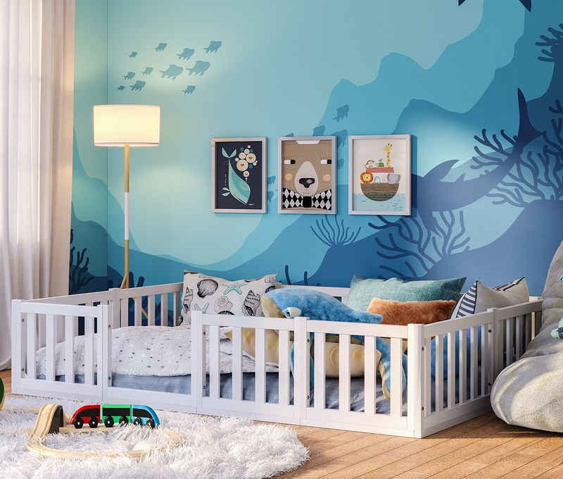 Bellabino Kinderbett Tapi (140x200, weiß, inkl. Lattenrost und Rausfallschutz), aus Kiefer Massivholz, in verschiedenen Farben u. Größen