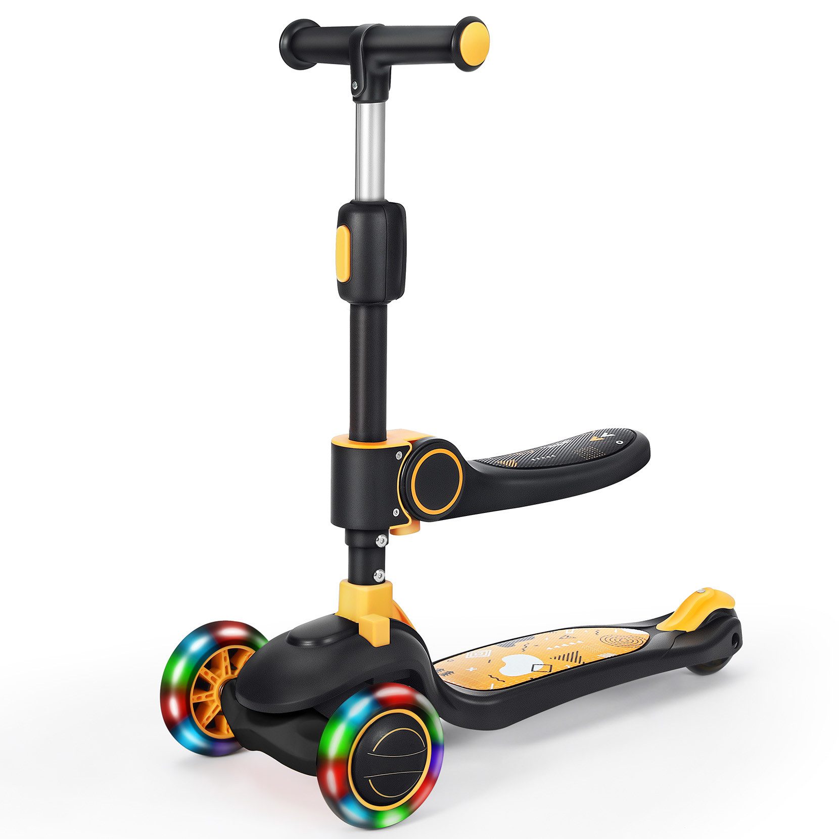 OUNUO Dreiradscooter 1009 Kinderroller mit LED und Sitz, höhenverstellbar, für 2 Jahren ab