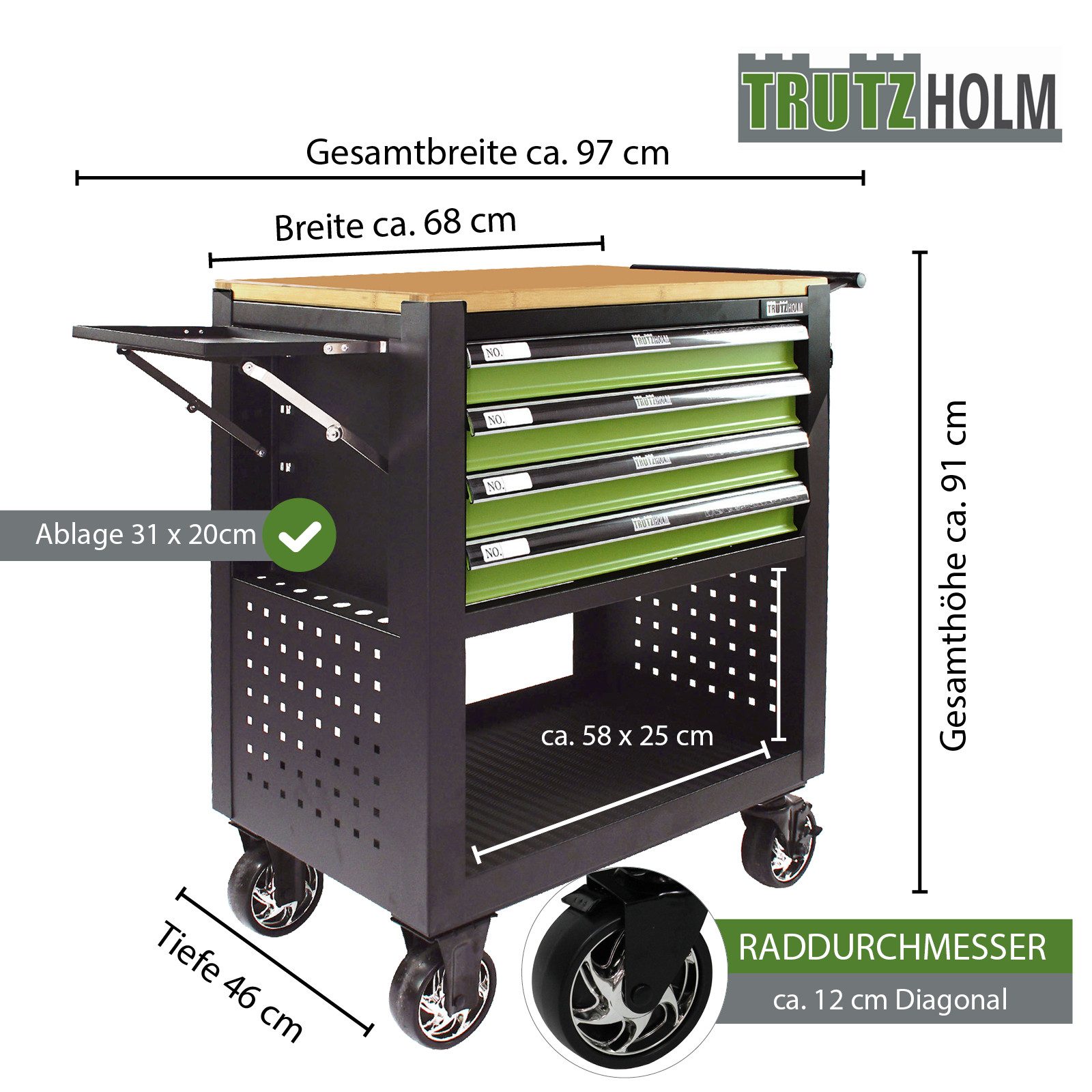 TRUTZHOLM Werkstattwagen Werkzeugwagen 91x77x46 cm 4 Schubladen unbestückt Ablage klappbar, leer, max. Traglast:200 kg, 1-tlg. Werkzeugset, Zentralverriegelung, Feststellbremsen