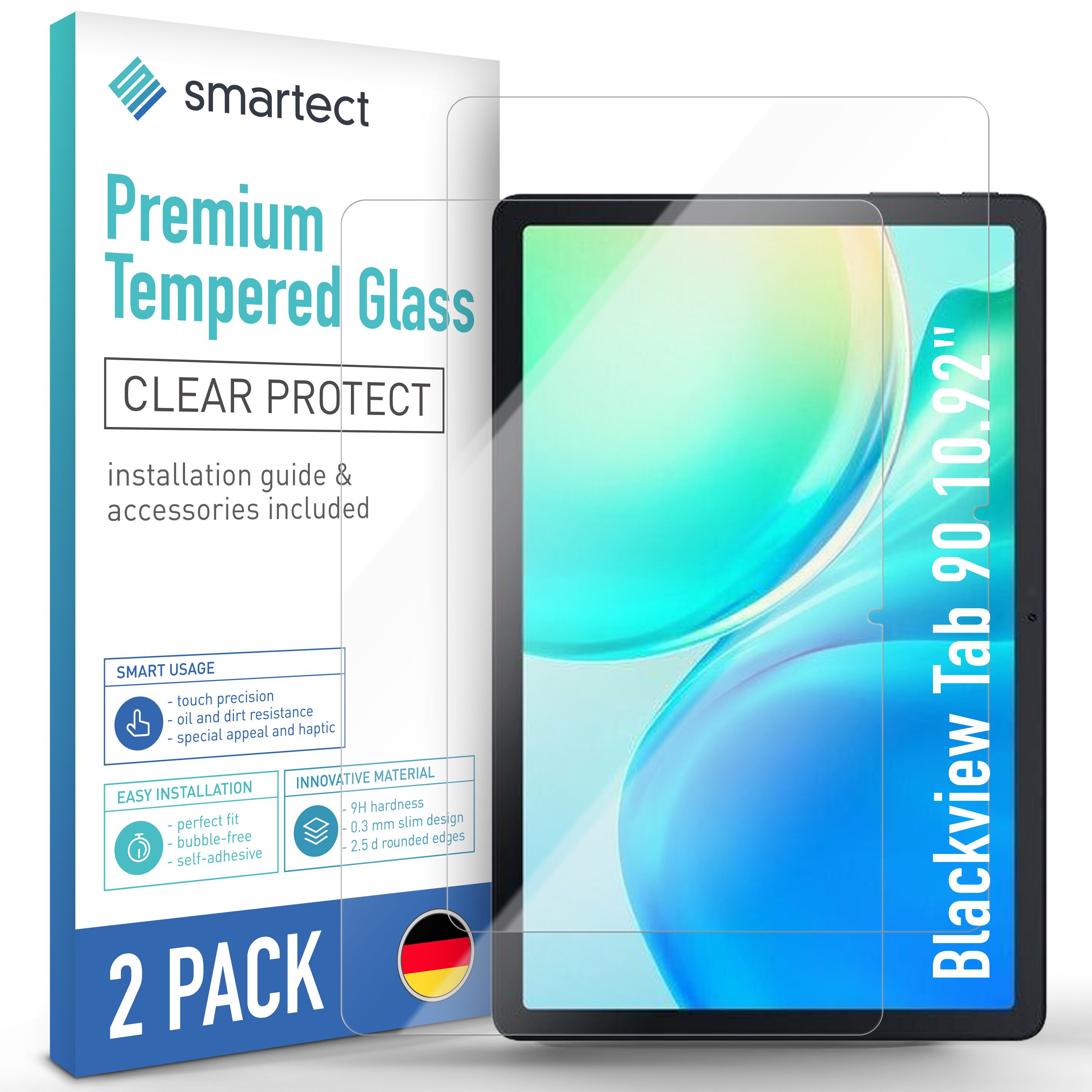 smartect Displayschutzglas 2X Schutzglas Panzerfolie Klar für Blackview Tab 90 10.92" für Blackview Tab 90 10.92", Set, 2 Stück, 0.3 mm Ultra-klar, 9H Härte, Kratzfest, Stoßfest, Blasenfrei, Oleophob