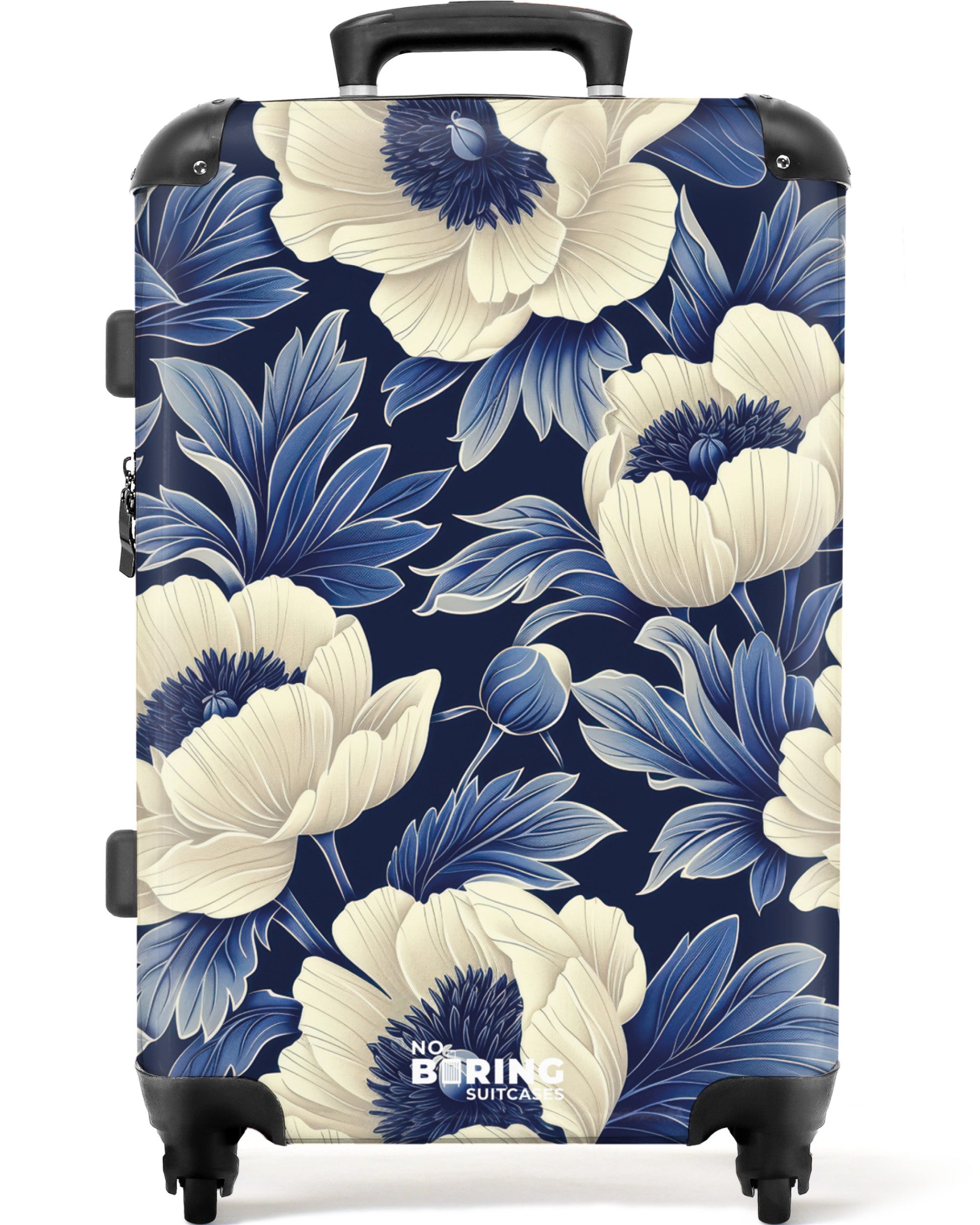 NoBoringSuitcases.com© Hartschalen-Trolley Dunkelblau mit weißen Blüten günstig online kaufen