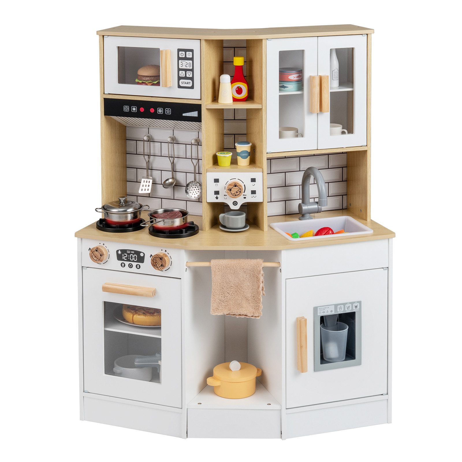 COSTWAY Spielküche MDF, Mit Dunstabzugshaube, Eismaschine, Mikrowelle & Ofen