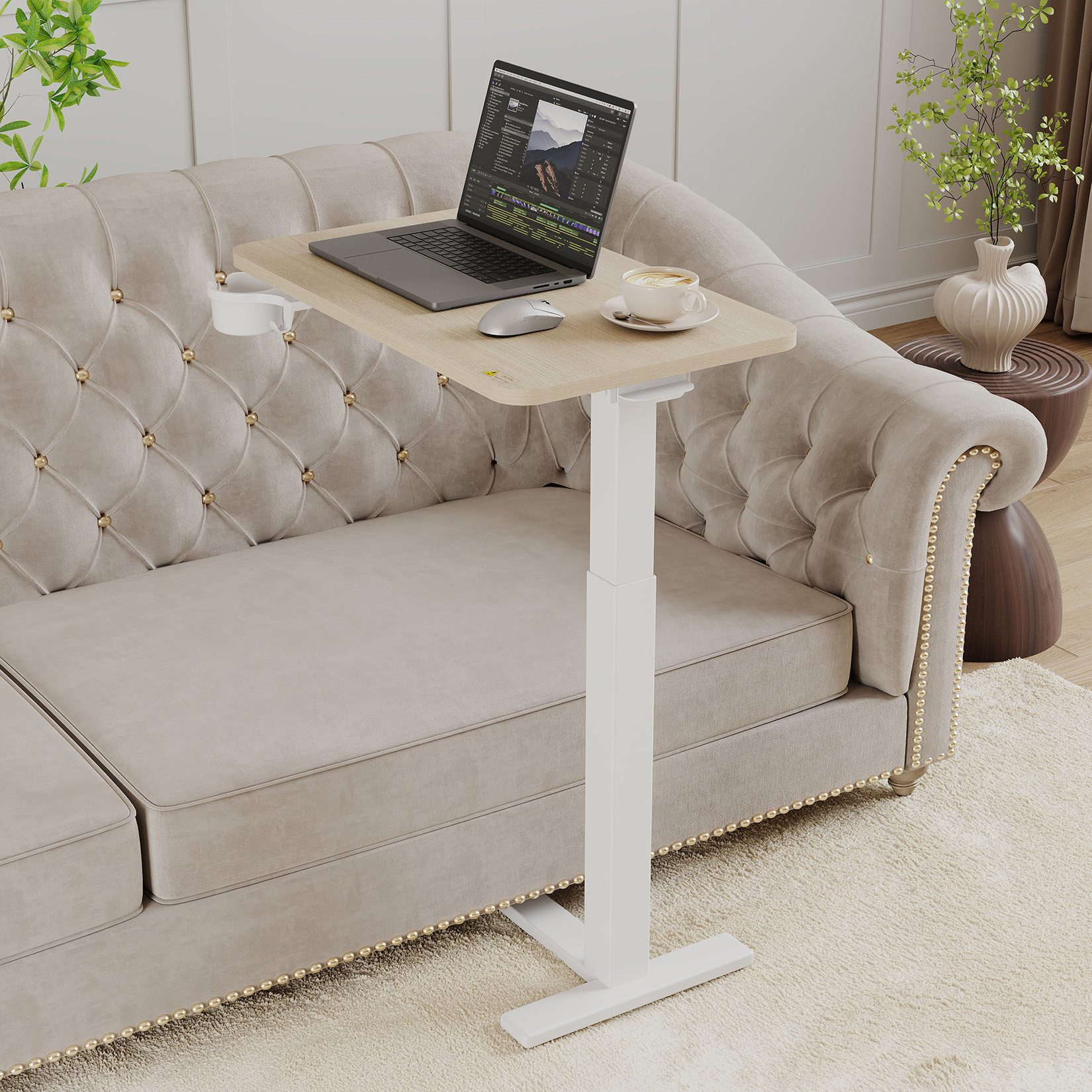 GarveeMore Beistelltisch höhenverstellbarer, pneumatisch, versteckte Rollen, 30 kg Traglast, für Büro, Wohnzimmer, Krankenhaus, 68x40x65-103 cm, natur/braun