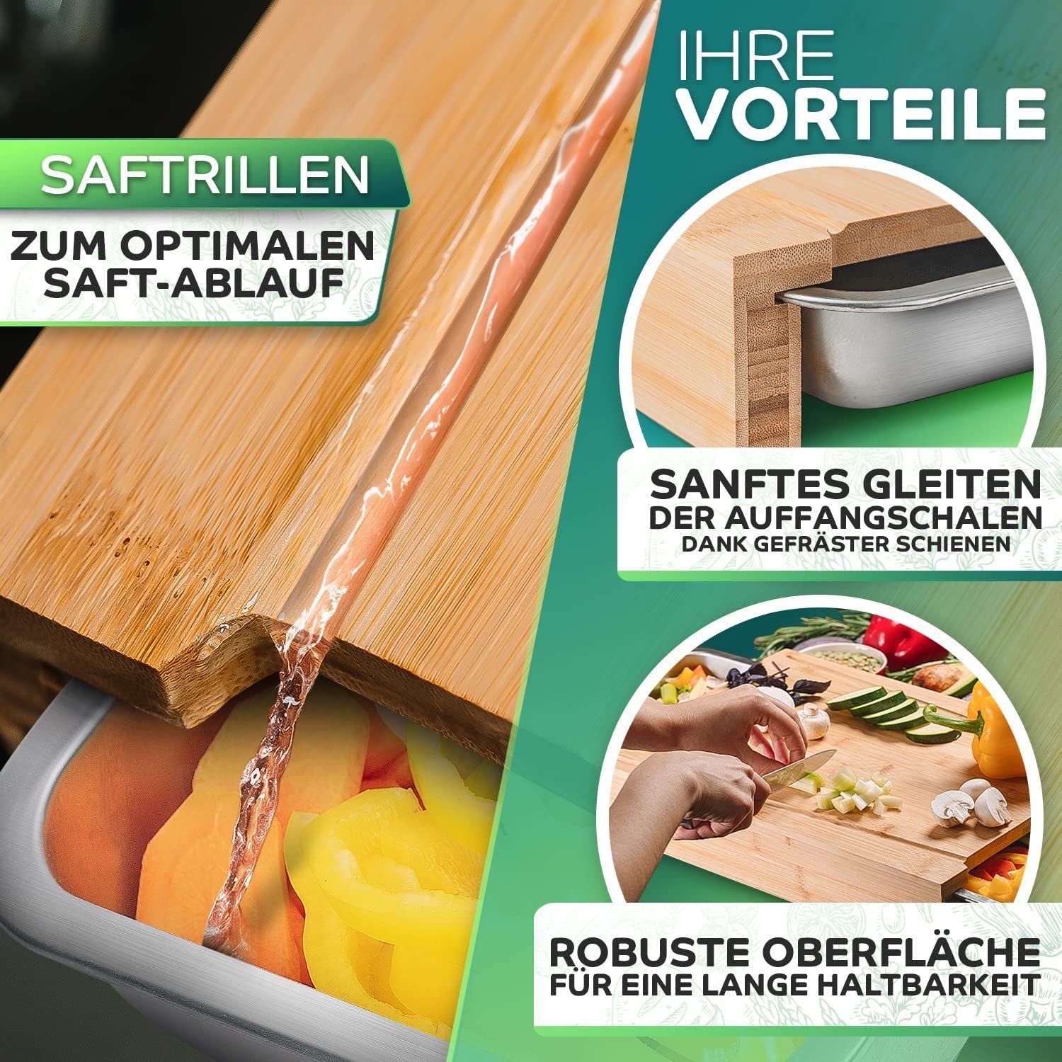 Loco Bird Schneidebrett mit Auffangschalen - 43x30x7cm groß -, Bambus, (Küchenbrett aus Bambus, 1-St., mit 2 Schalen aus Edelstahl), Ideales Küchenhelfer Gadget – Bild 3 von 5