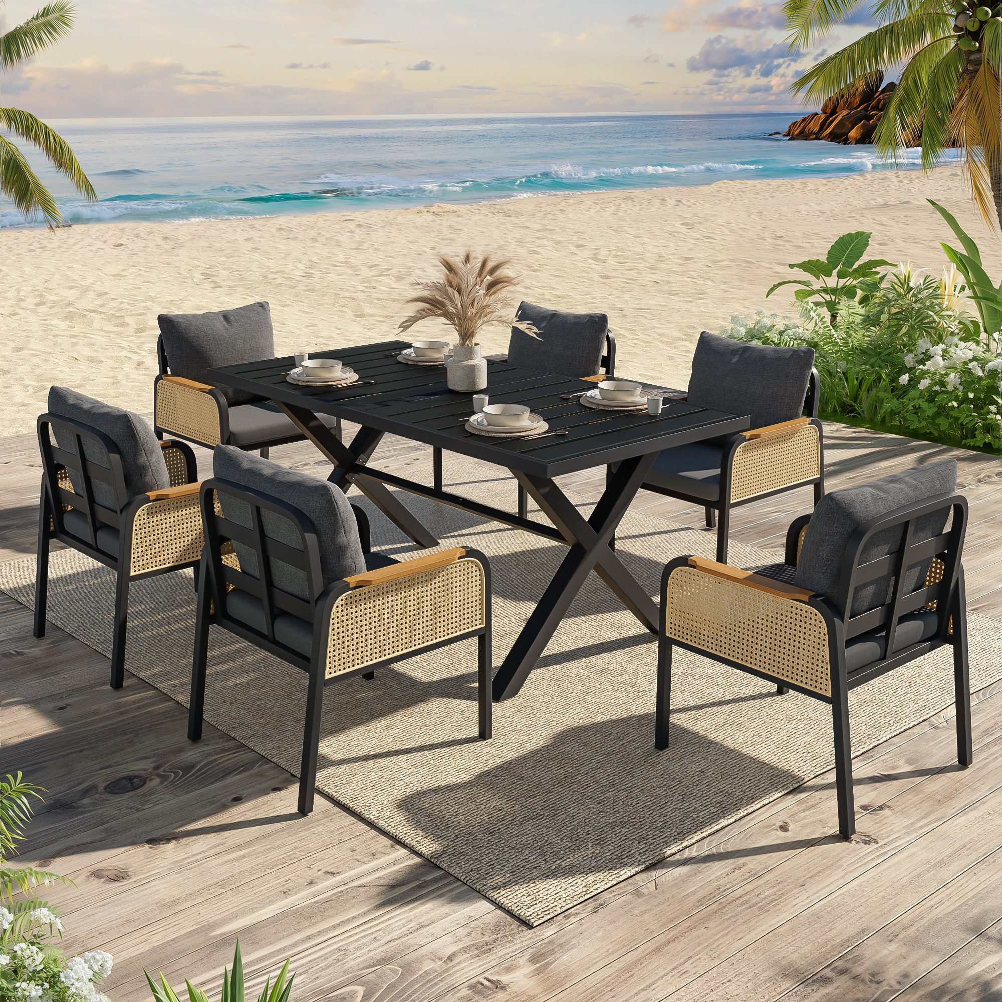 Merax Gartenlounge-Set Polyratten Essgruppe mit rattanbezogenen Armlehnen & Eisengestell, (7-tlg), 6-Sitzer Gartenmöbel-Set Balkonset mit Esstisch, 6 Stühlen & Kissen