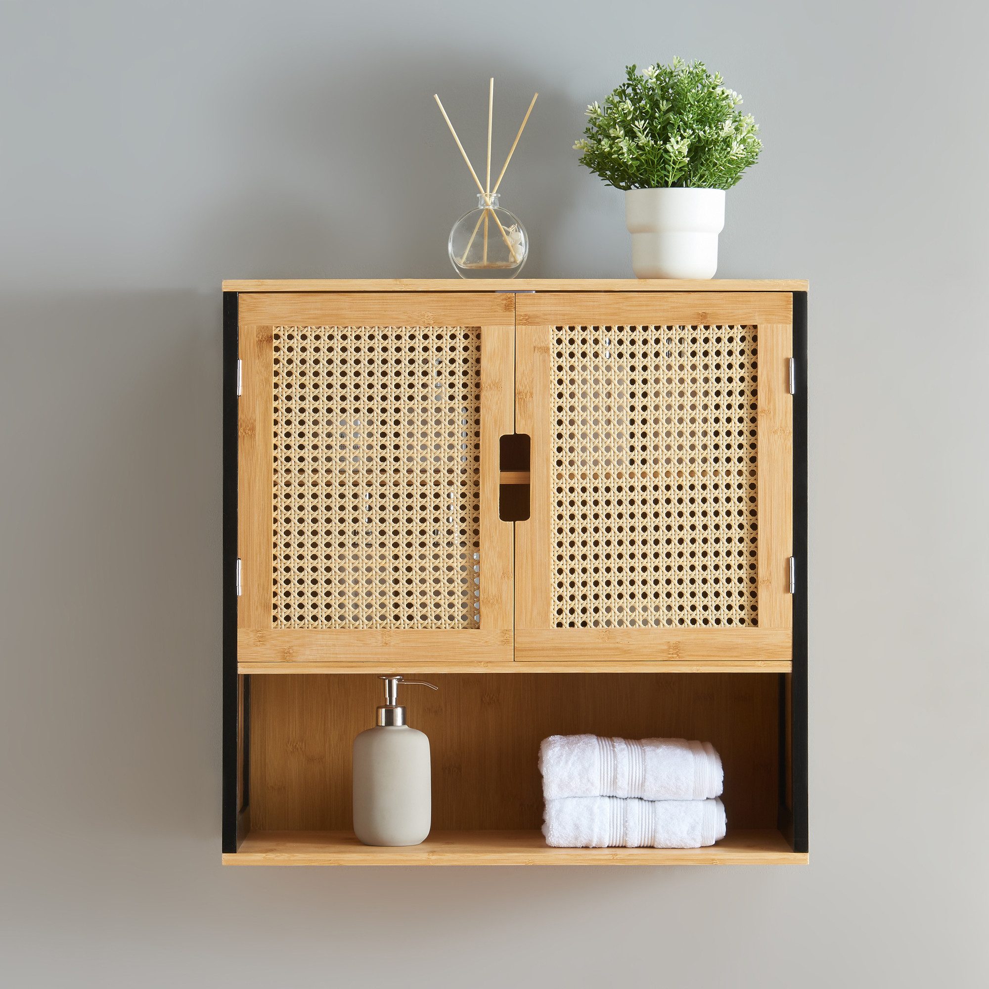 en.casa Hängeschrank »Tervola« mit 2 Türen 60x60x20 cm Schwarz / Bambus – Bild 3 von 5