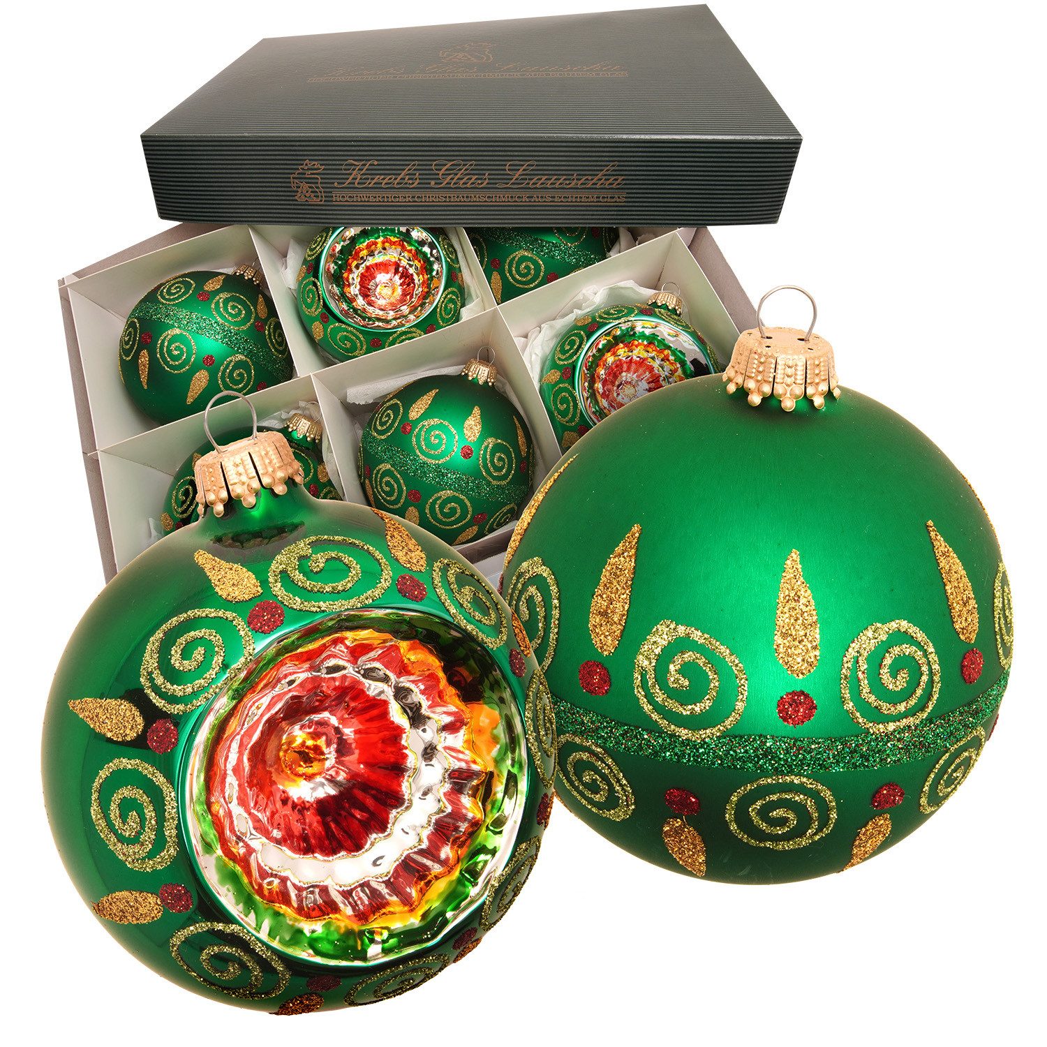 Krebs Glas Lauscha Weihnachtsbaumkugel Weihnachtskugel Reflex- und Kugelset Eva grün 8cm, Dekoriert mit Liebe zum Detail
