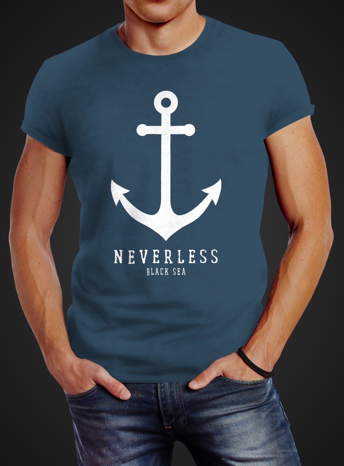 Slim blau mit Print-Shirt Anker Neverless Fit Neverless® Herren Segeln Print Sailor Nautical T-Shirt