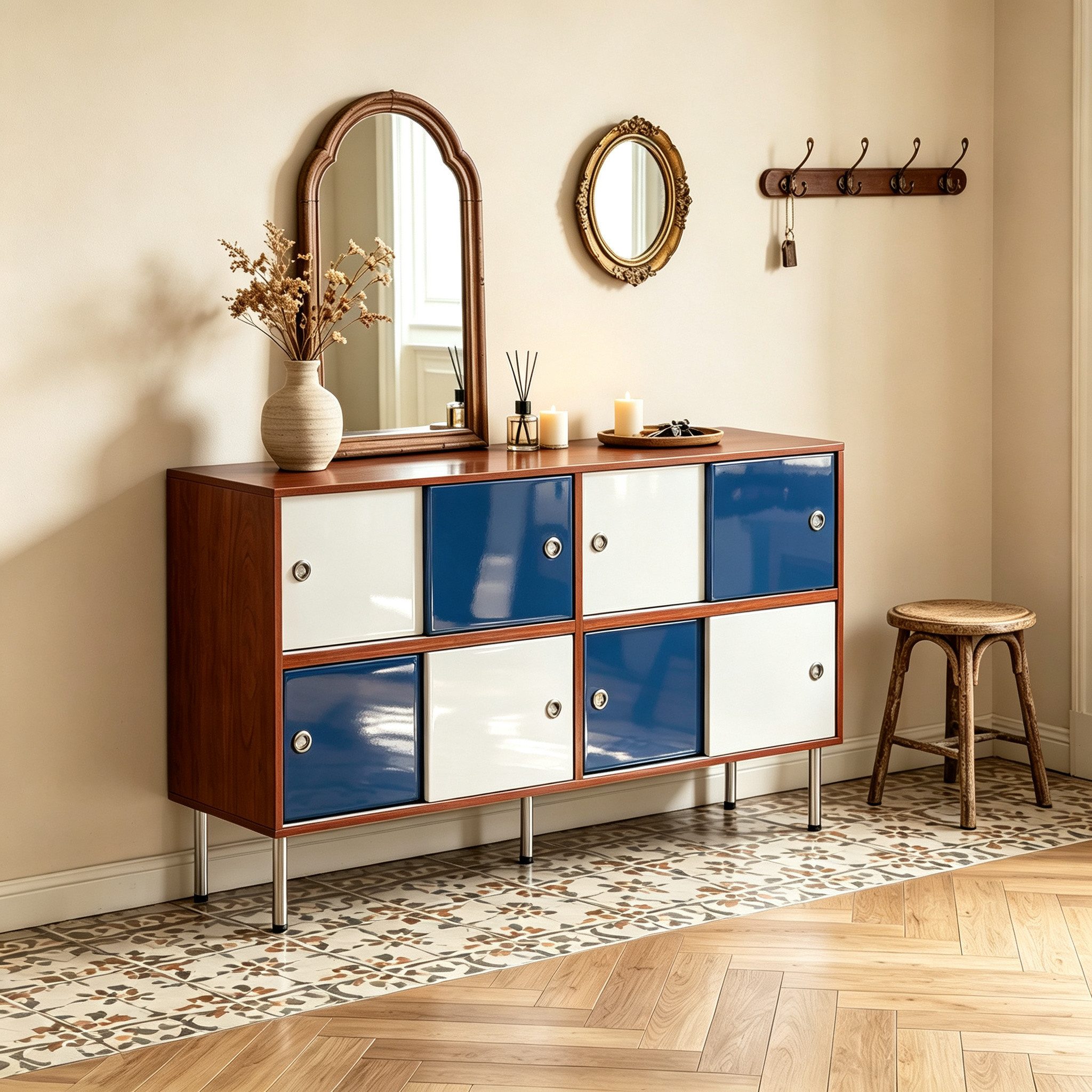 FUFU&GAGA Sideboard 140-160cm mit Schiebetüren, Mid-Century Kommode Walnuss/Blau/Weiß