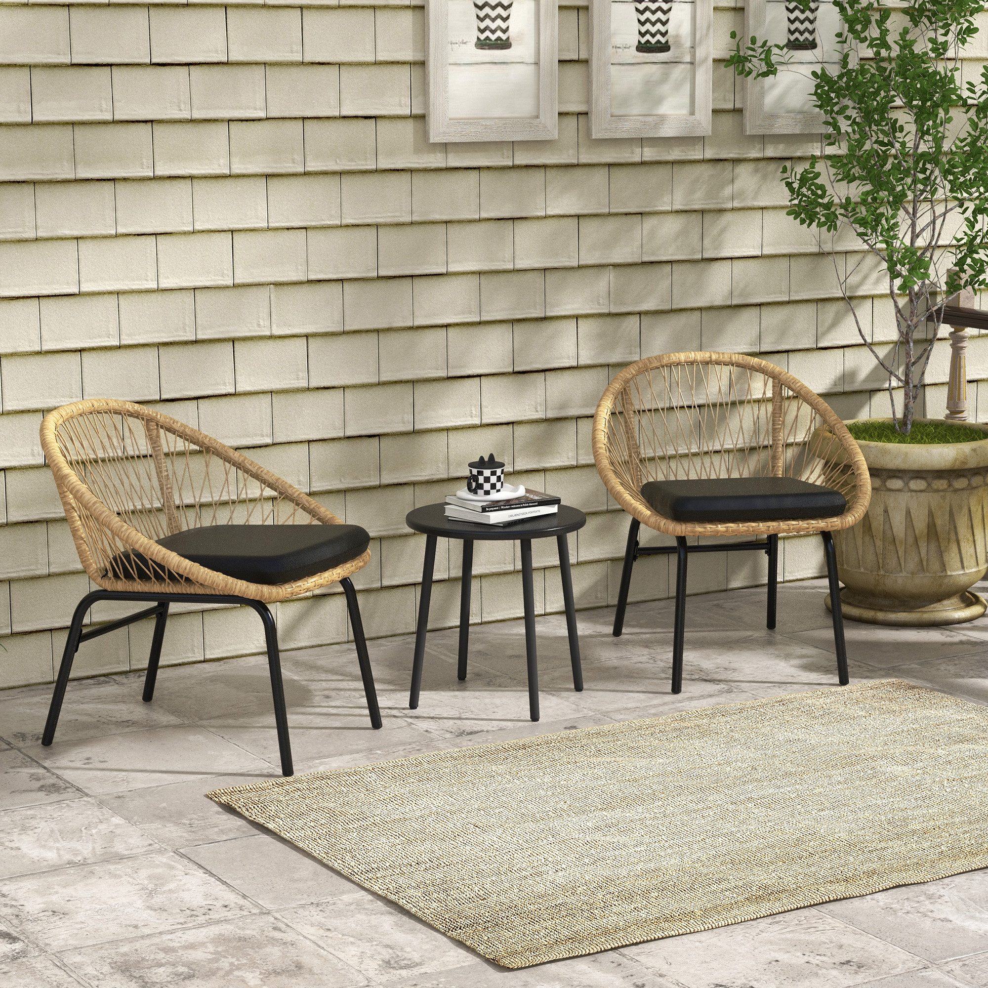Outsunny Gartenlounge-Set 3-tlg. Rattan Gartenmöbel-Set Balkonmöbel-Set mit Couchtisch 2 Stühlen, (Sitzgarnitur, 3-tlg., Gartensitzgruppe), für Balkon, Terrasse, Polyester, Gelb