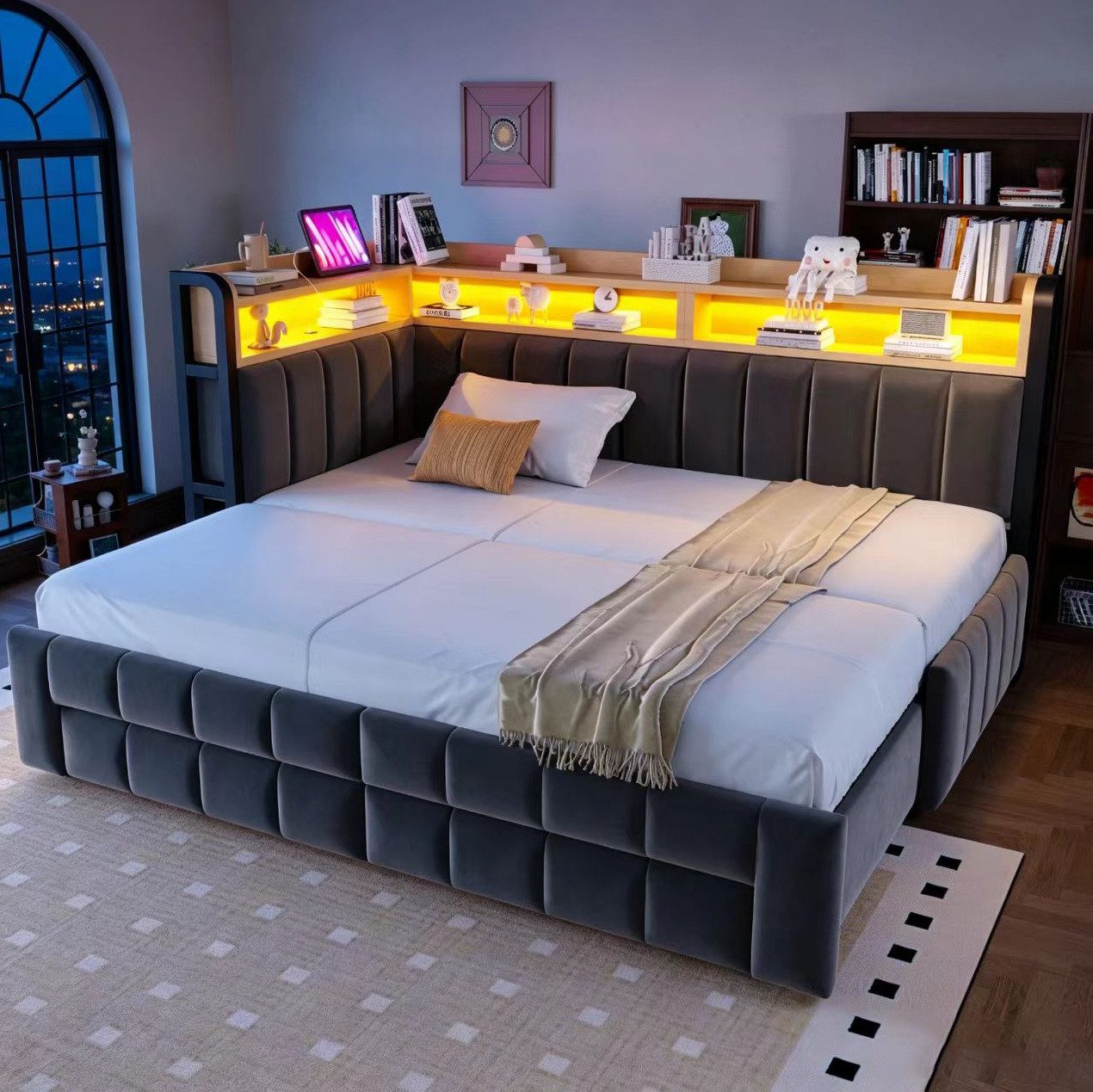 REDOM Schlafsofa Polsterbett mit ausziehbarer Liegefläche, Ablagefächern, Funktionsbett, 90/180 × 200 cm Jugendbett mit LED-Licht und Ladeanschlüssen aus weichem Samtstoff, Daybett Tagesbett, ohne Matratze