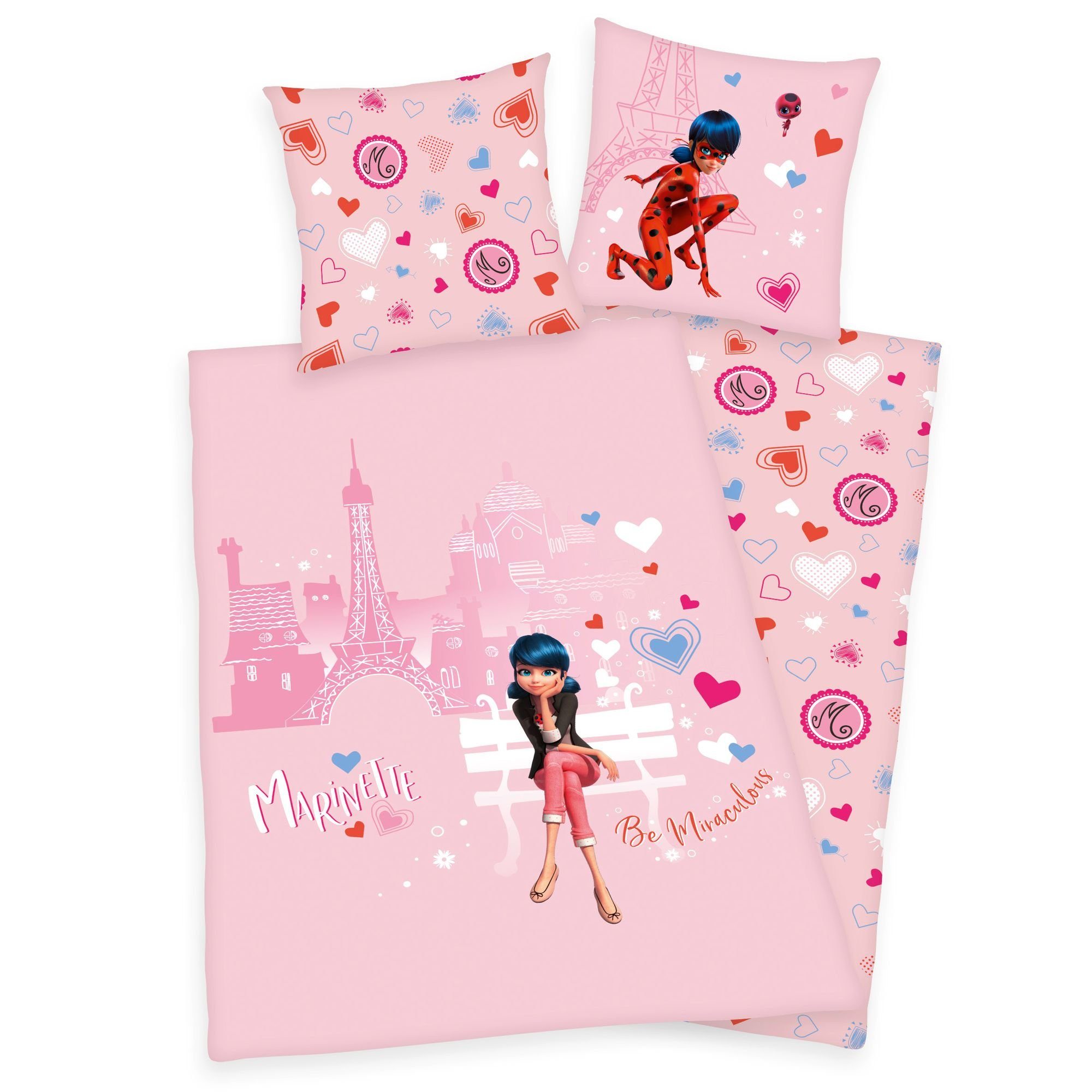 Kinderbettwäsche Mädchen Flanell Bettwäsche Miraculous Ladybug Love Paris rosa Biber, Herding