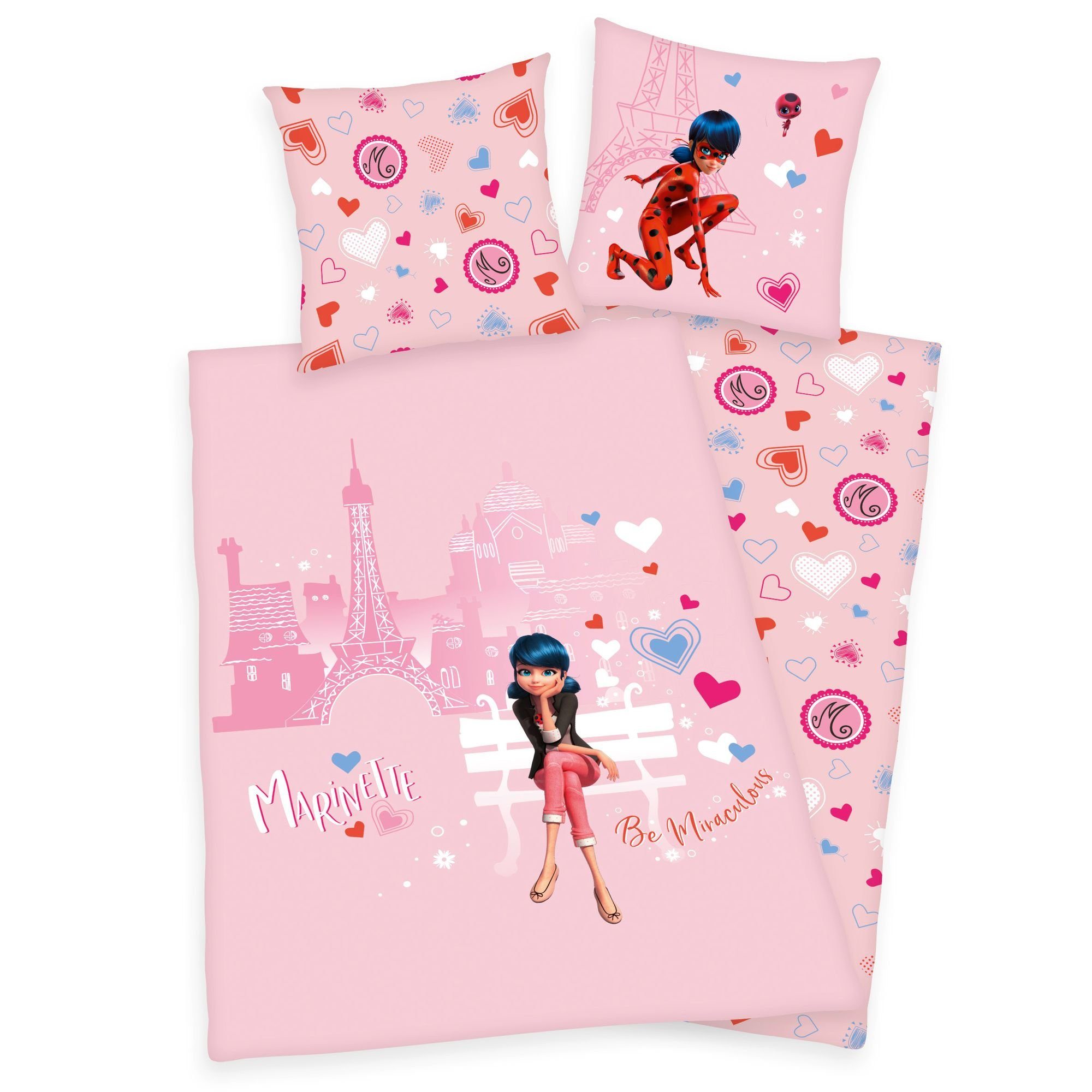 Kinderbettwäsche Mädchen Flanell Постільна білизна Miraculous Ladybug Love Paris rosa Biber, Herding