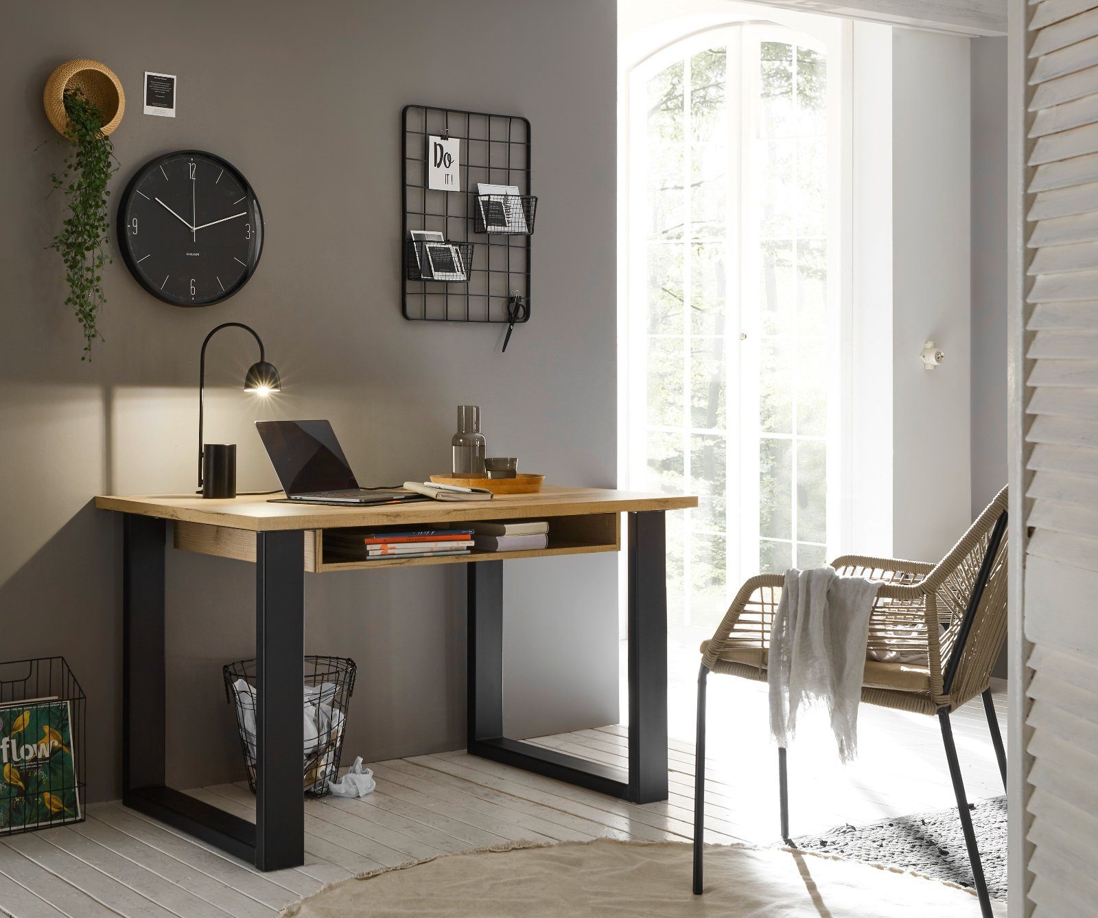 Furn.Design Schreibtisch Stove (Computertisch in Used Wood Vintage mit Stauraum, 125 x 60 cm), mit Metallgestell