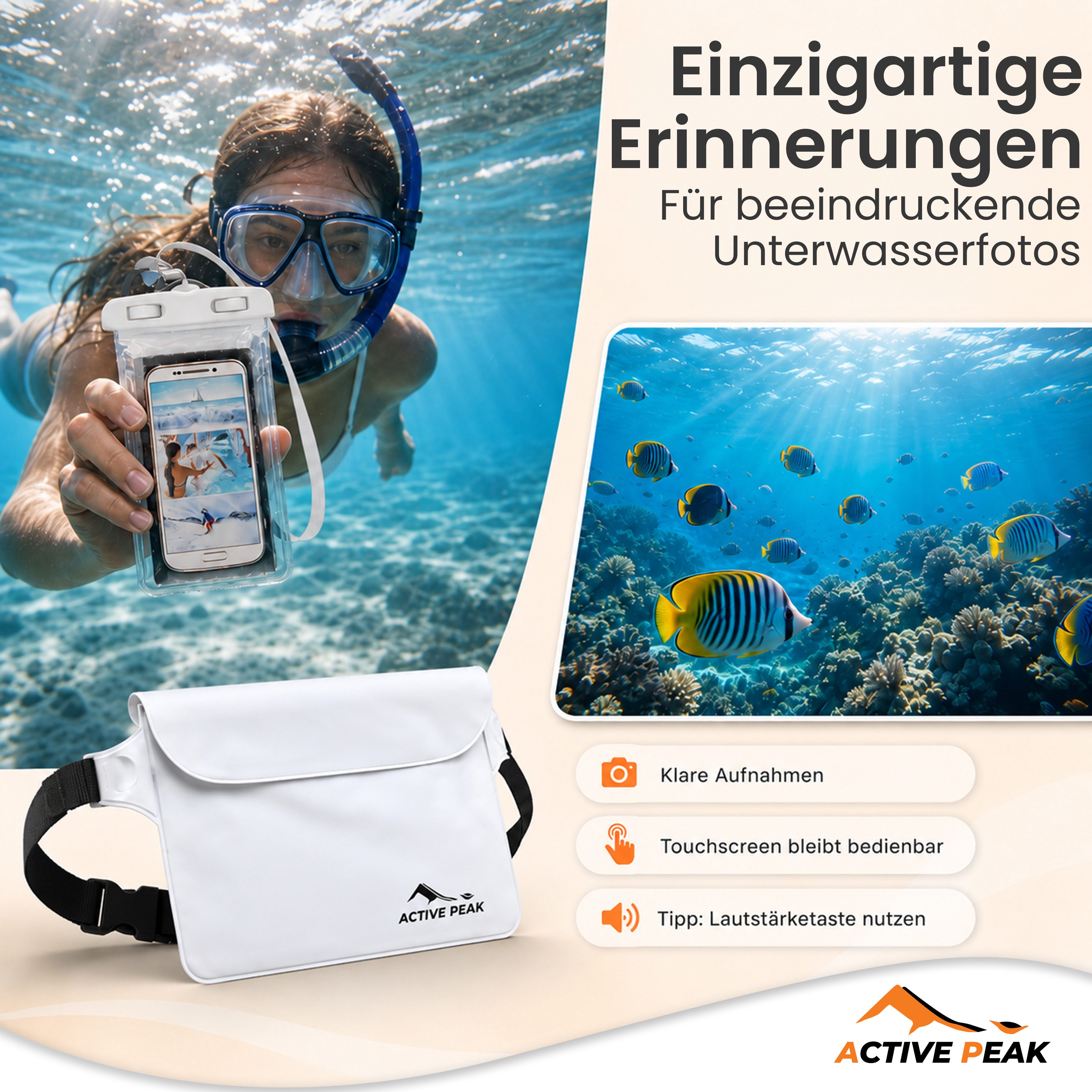 Active Peak Drybag Wasserdichte Tasche, Bauchtasche & Wasserdichte Handyhülle (2-tlg), Waterproof Bag für Kajak, Strand, Urlaub uvm.
