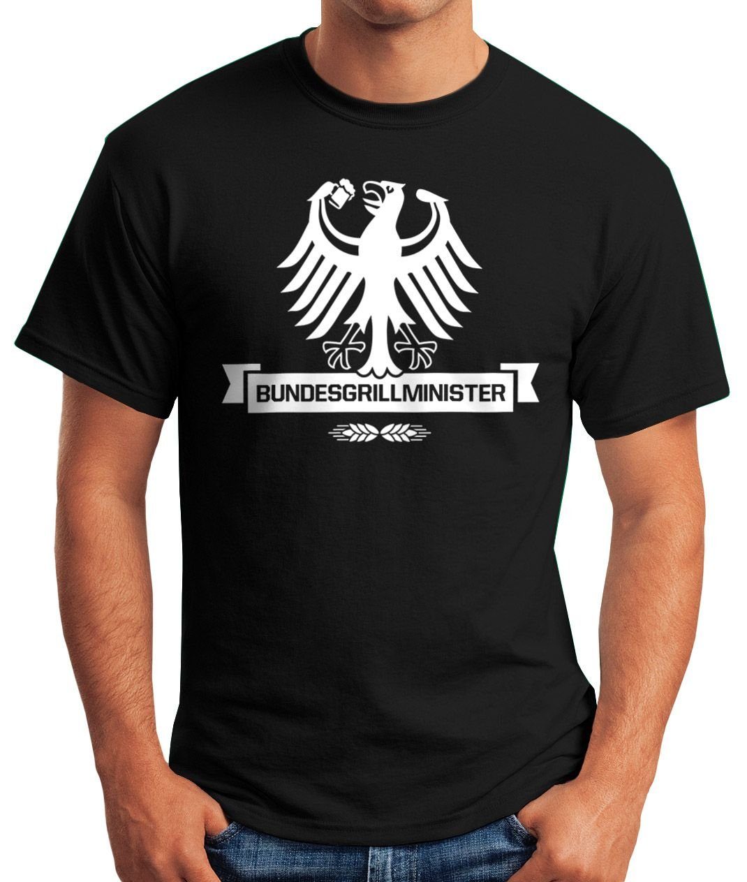 MoonWorks Print-Shirt Herren T-Shirt Bundesgrillminister Print Grillen Sommer BBQ Spruchshirt Fun-Shirt Barbecue Fleisch mit Moonworks®