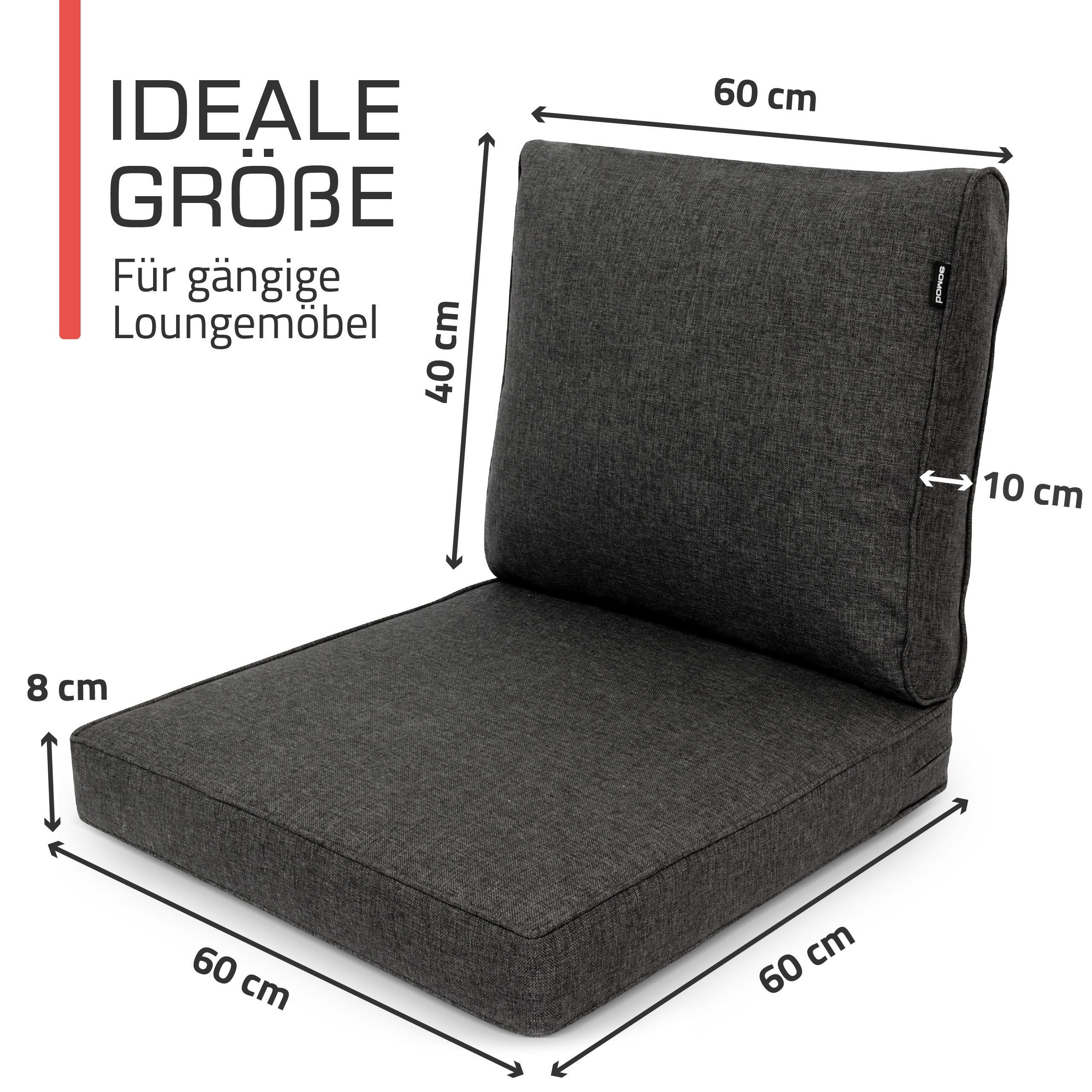 bomoe Sitzkissen Outdoor Loungekissen Set Ilano, 60x60cm, 60x40cm Graphitgrau, Sitzkissen 8cm dick Polster Bezug Waschbar Gartenkissen UV-Schutz