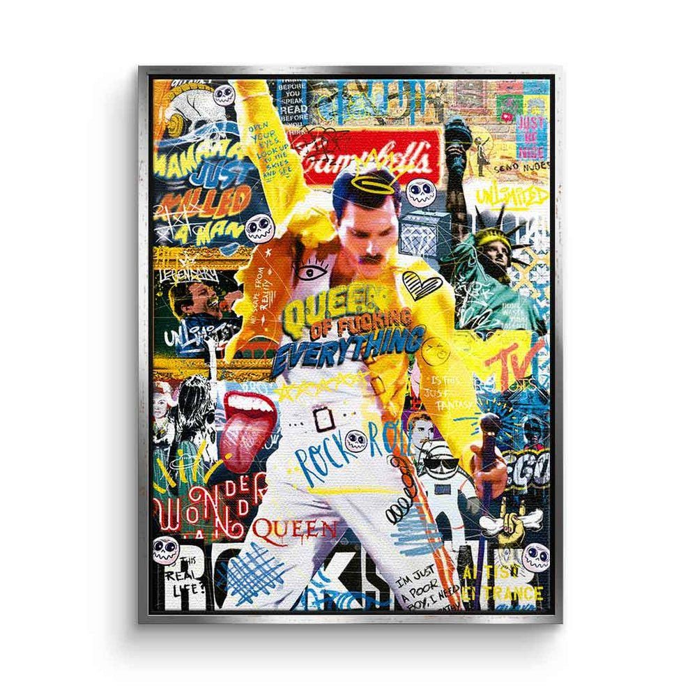 DOTCOMCANVAS® Leinwandbild, Leinwandbild Queen Freddie Mercury Pop Art collage DOTCOMCANVAS silberner Rahmen