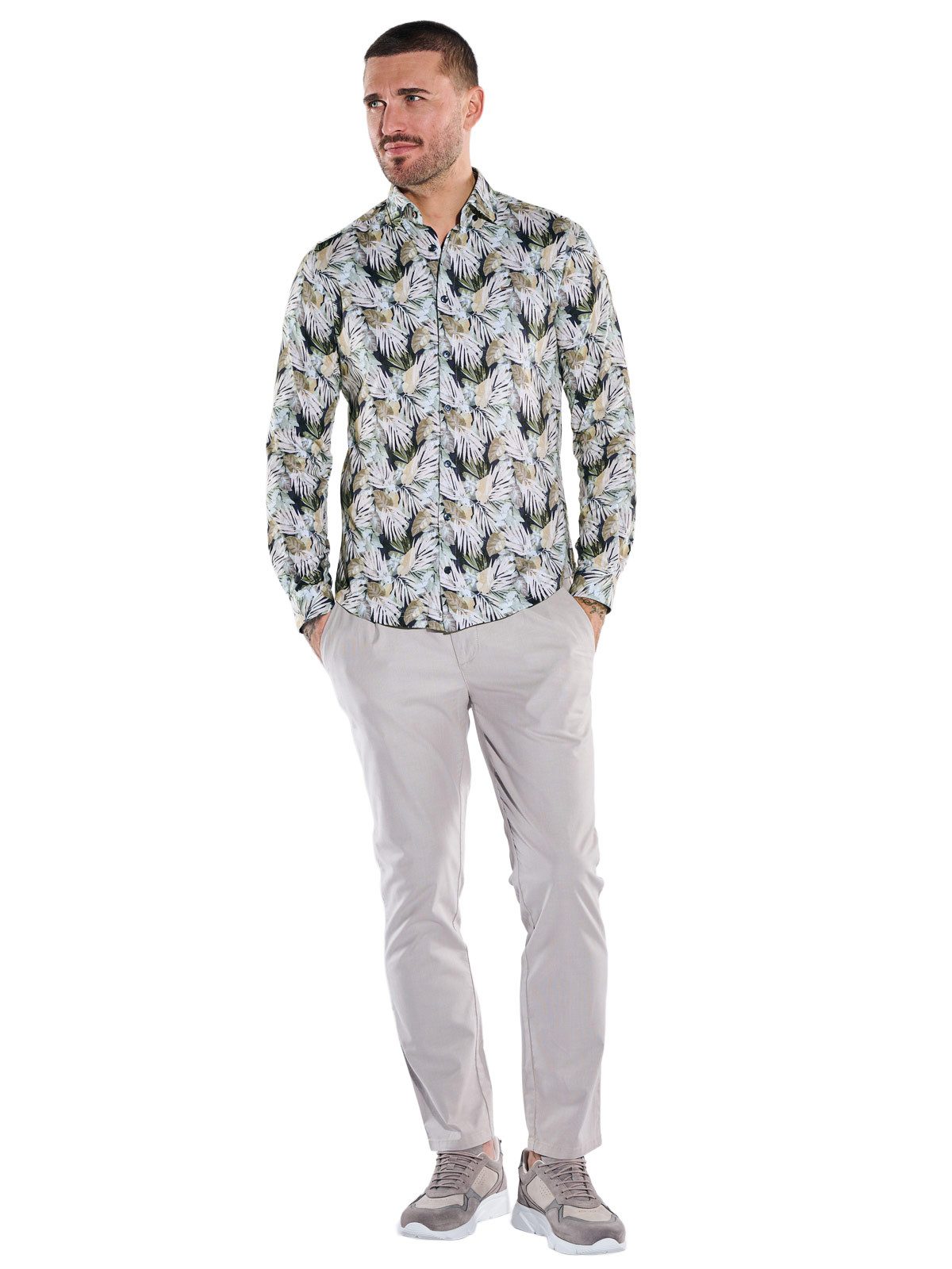 emilio adani Langarmhemd Herren Jerseyhemd mit tropischem Print, Beige