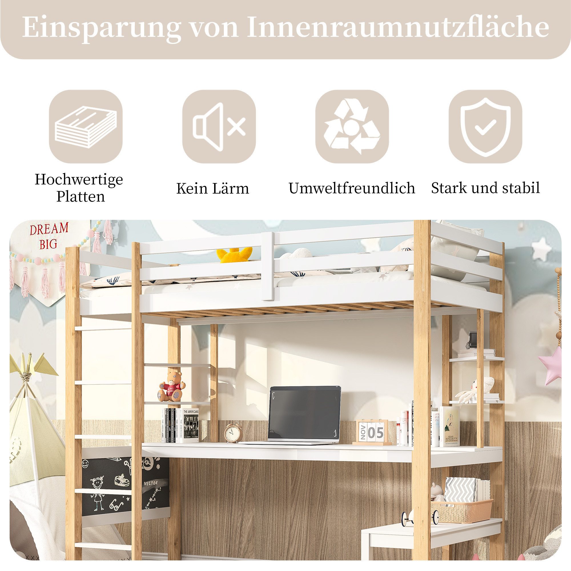 Simurq Hochbett Jugendbett 90x200 mit Schreibtisch, Etagenbett, kinderbett Stabiles Massivholz Hochbett, Mit Lattenrost