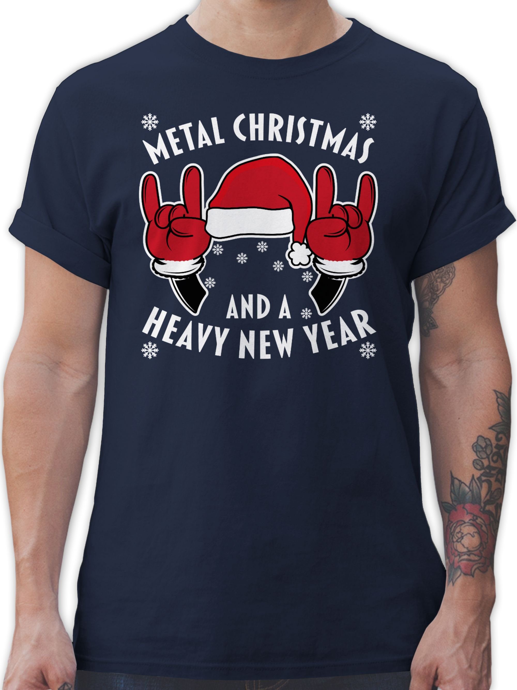 Shirtracer T-Shirt Metal Christmas and a Heavy New Year - weiß Weihachten Kleidung 02 Navy Blau