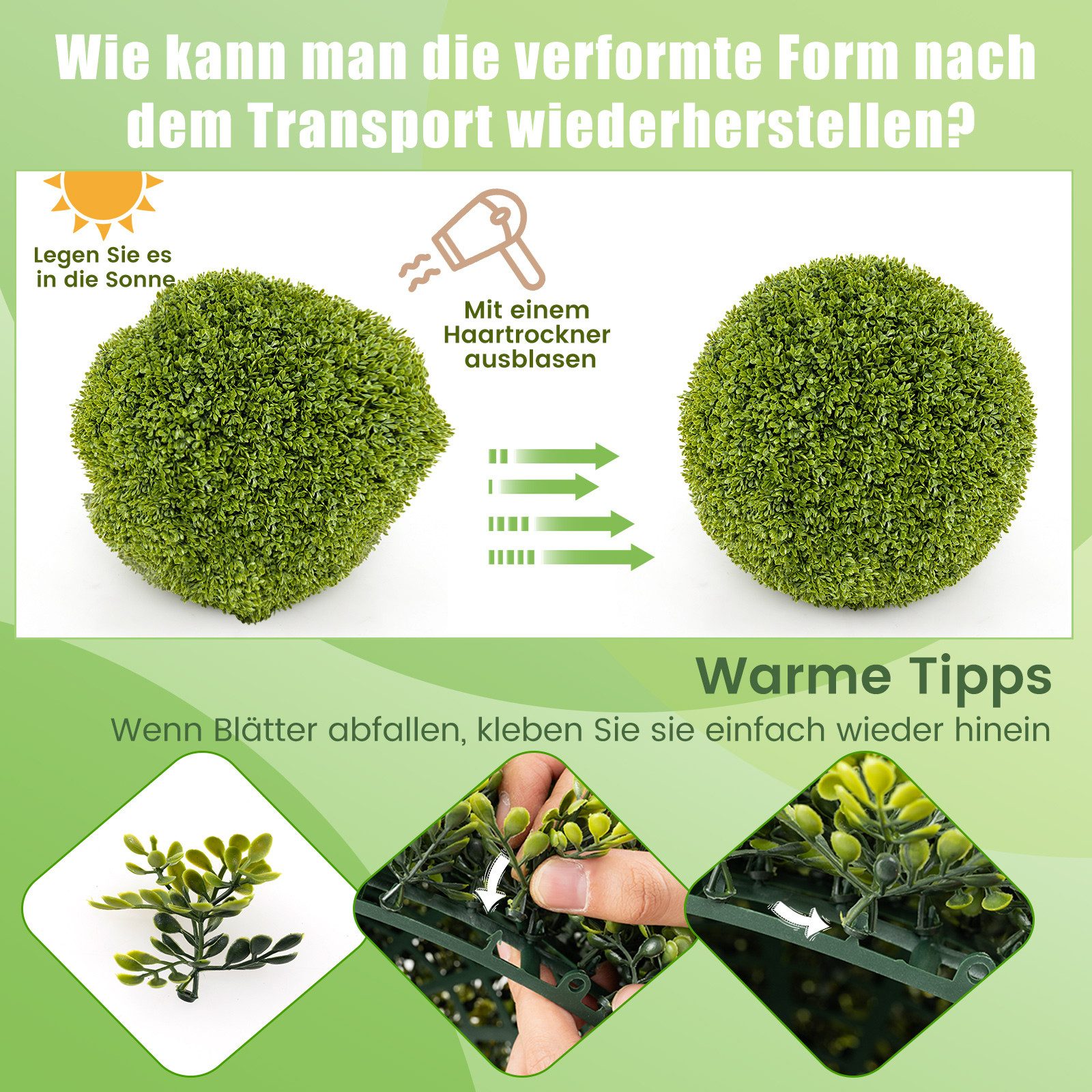 Kunstpflanze Buchsbaum, COSTWAY, 2er φ40cm UV-beständig Grün