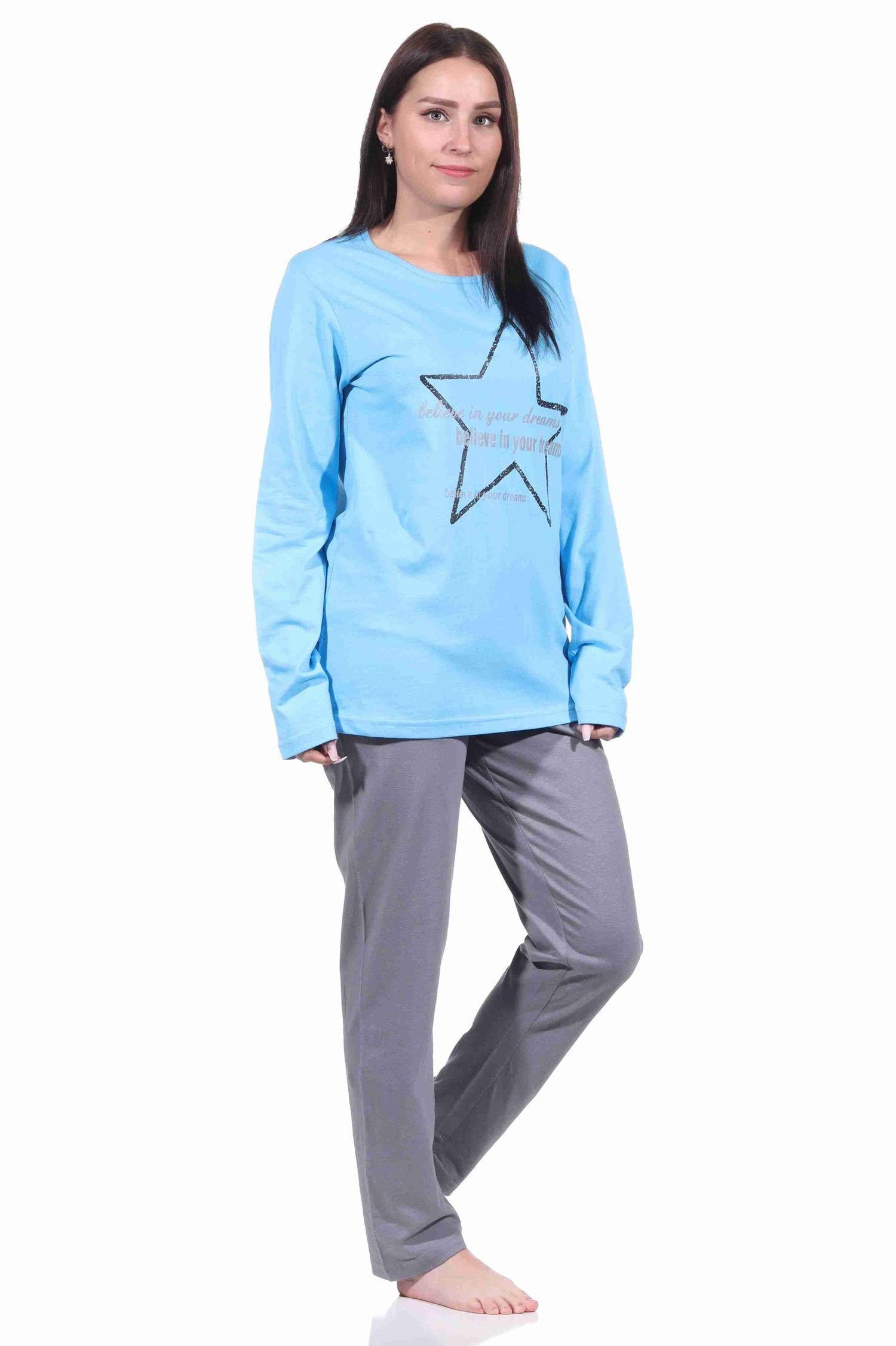 212 Optik - by hellblau Sterne Pyjama Pyjama RELAX 10 in Damen 901 langarm Schlafanzug Normann