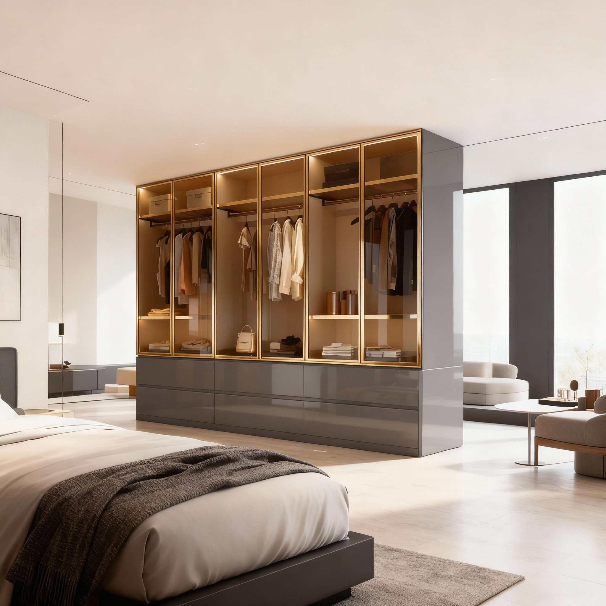 Palms-Store Kleiderschrank Luxemburg 6-Türig Glastüren mit goldfarbenen Gla günstig online kaufen