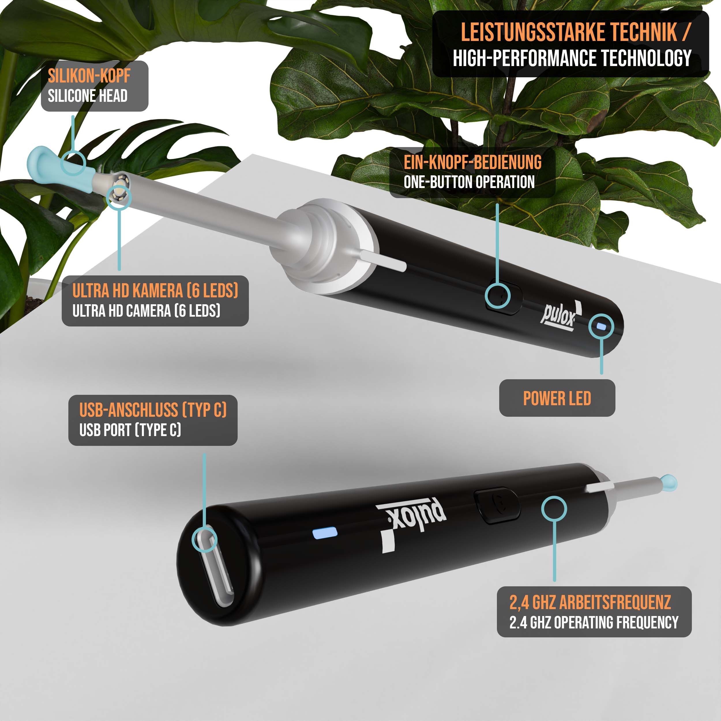pulox Elektrischer Ohrenreiniger EC-95 Ohrreiniger Ohrenschmalzentferner - mit Smartphone App via Wifi