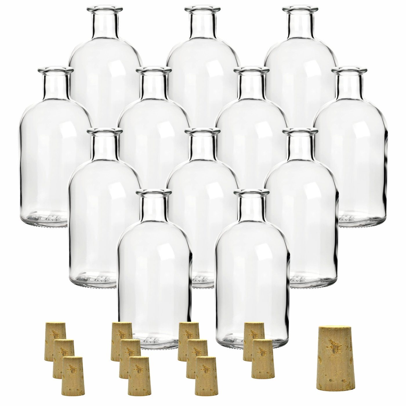 gouveo Trinkflasche Glasflaschen 250 ml Apotheker mit Korken - Leere Likörflasche 0,25 l, 12er Set, Transparent, SK