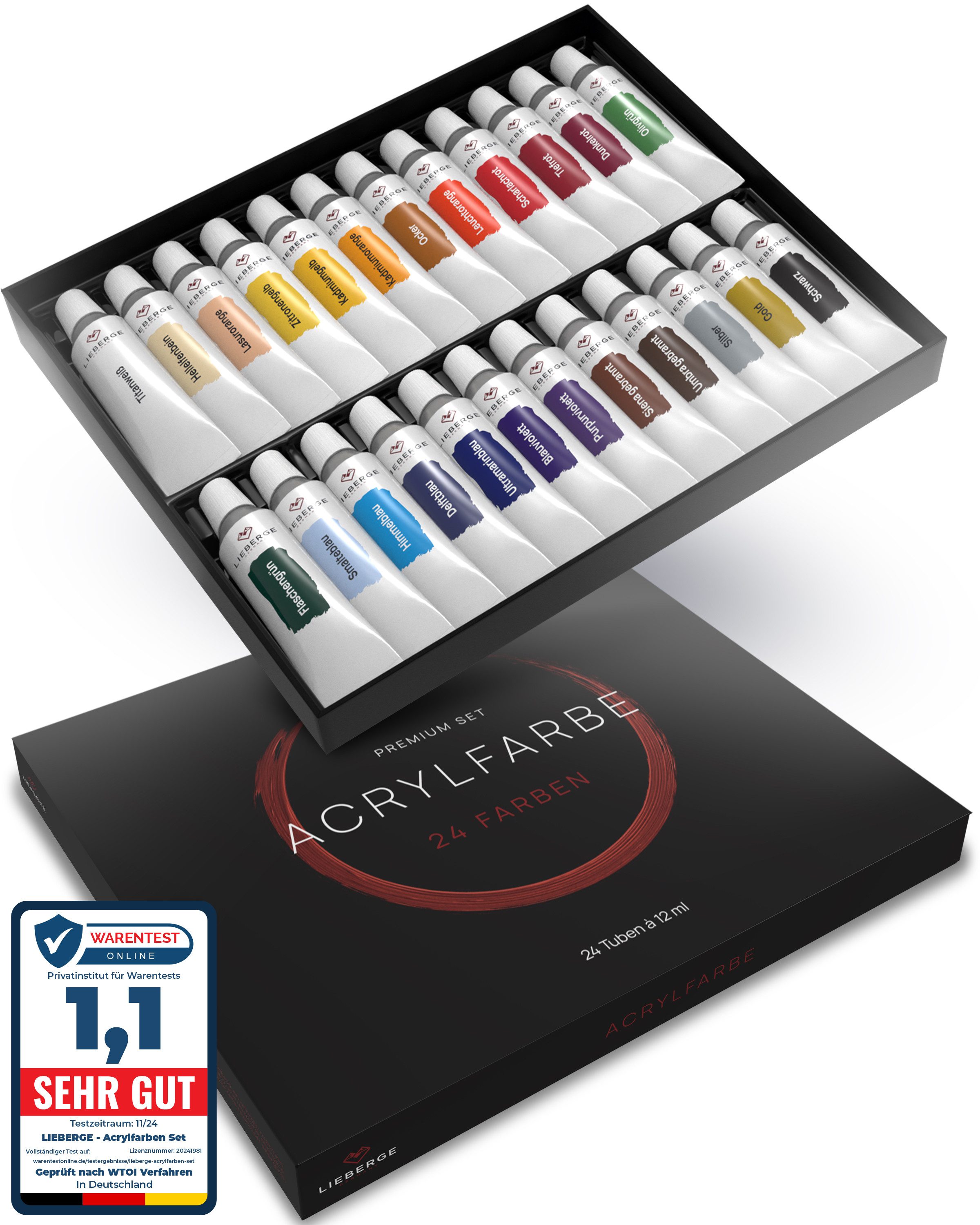 LIEBERGE Acrylfarbe Premium Set – 24 intensive Farben à 12ml mit hoher Deckkraft, hohe Farbbrillianz, lichtbeständig, wasserbasiert, schnelltrocknend