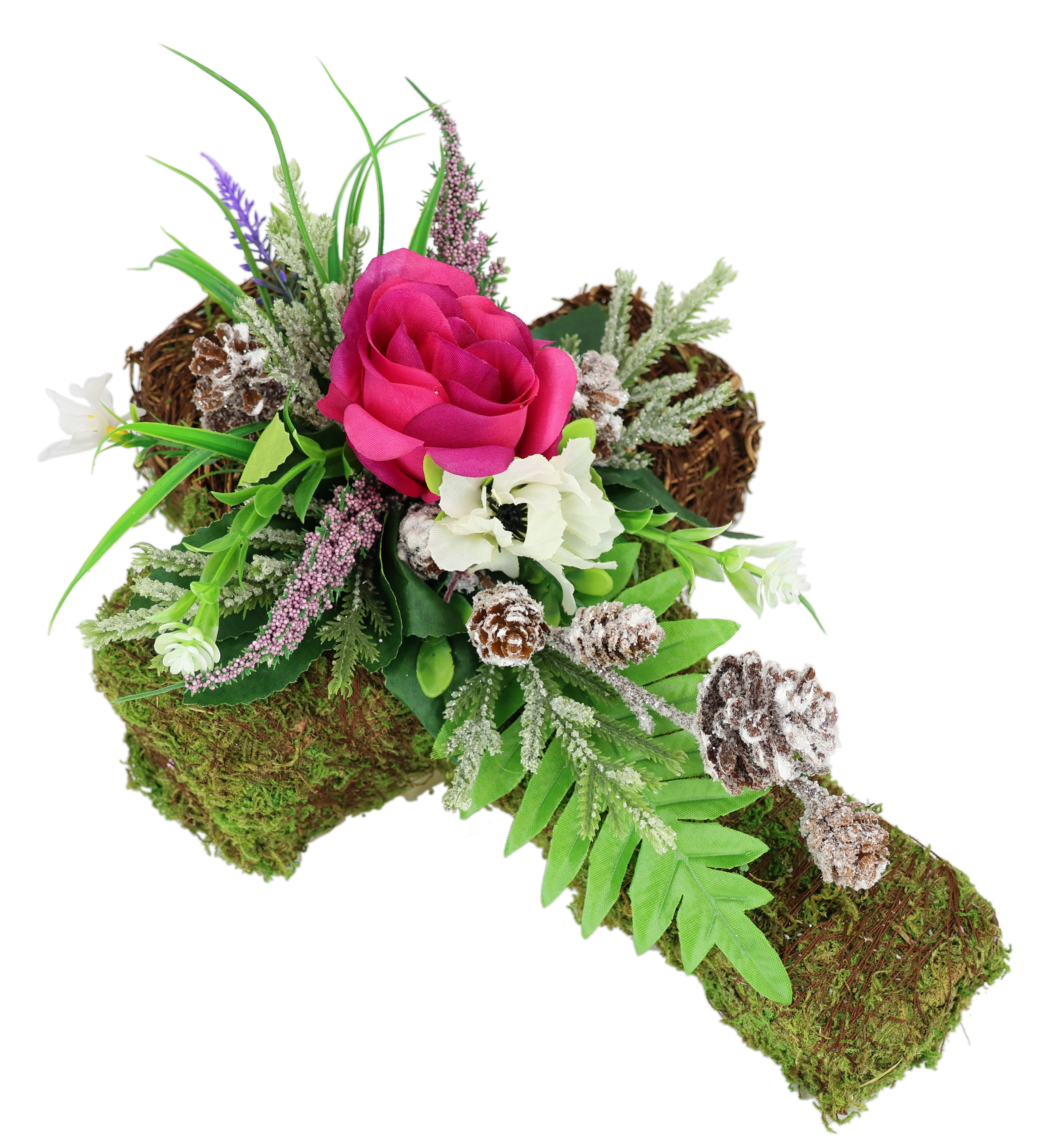 Kunstblume Kunstblumen-Gesteck 'Rose' auf Pflanz-Kreuz, OTTO home, Höhe 15 cm, Florales Dekogesteck in Kreuzform mit Rosenblüte