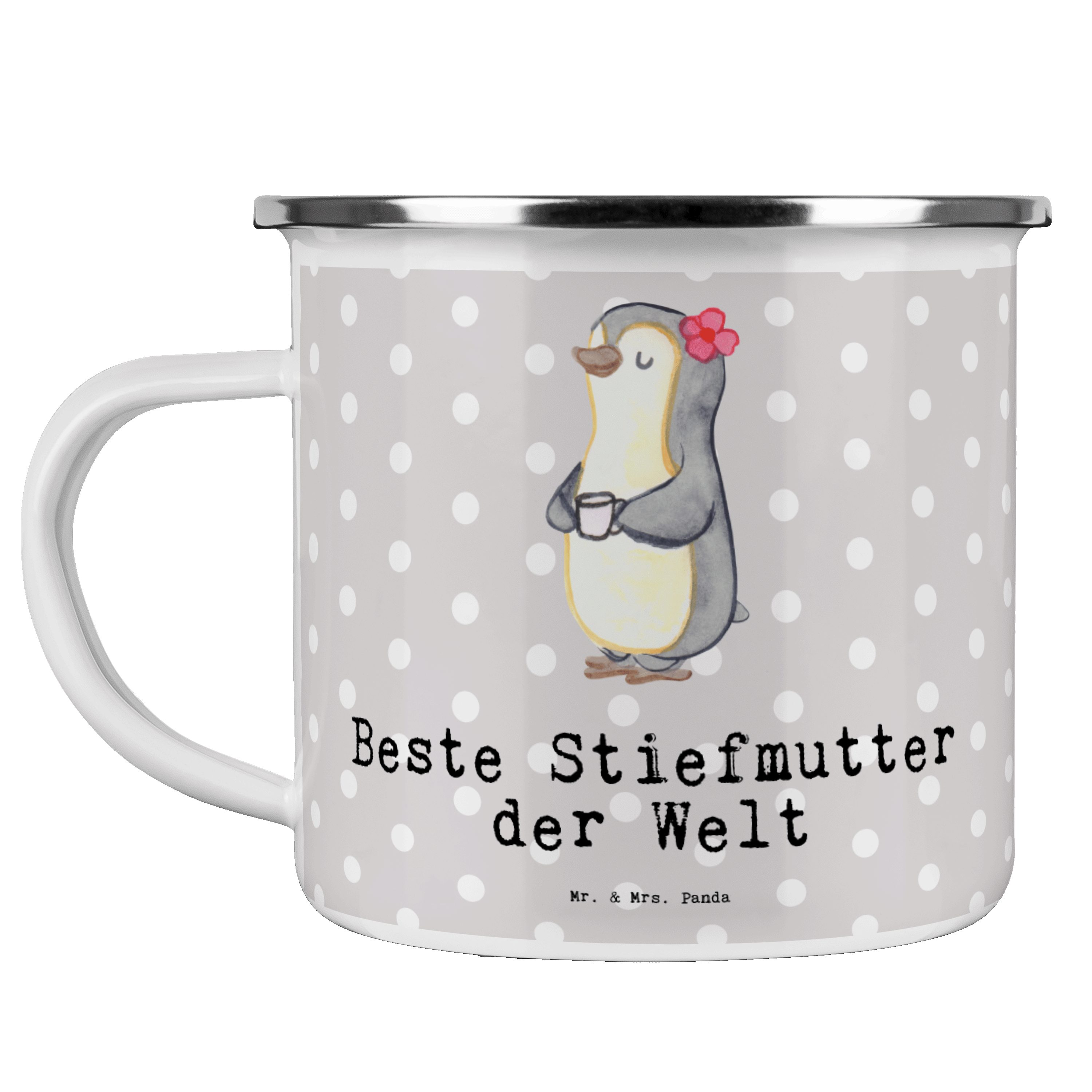 Mr. & Mrs. Panda Becher Pinguin Beste Stiefmutter der Welt - Grau Pastell - Geschenk, Metallt, Emaille