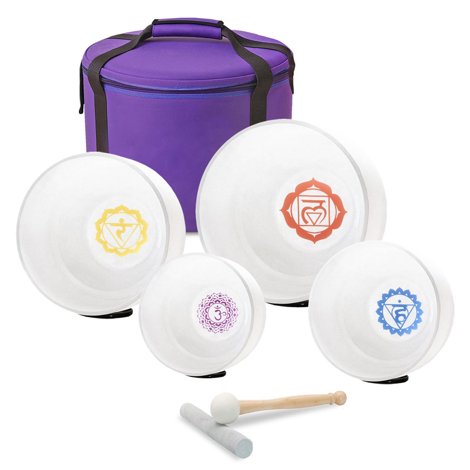 keepdrum Klangschalen keepdrum Klangschalen-Set 4-Chakren Set farbig mit Zubehör,Klangschalen, 4-teiliges Quarz-Klangschalen Set