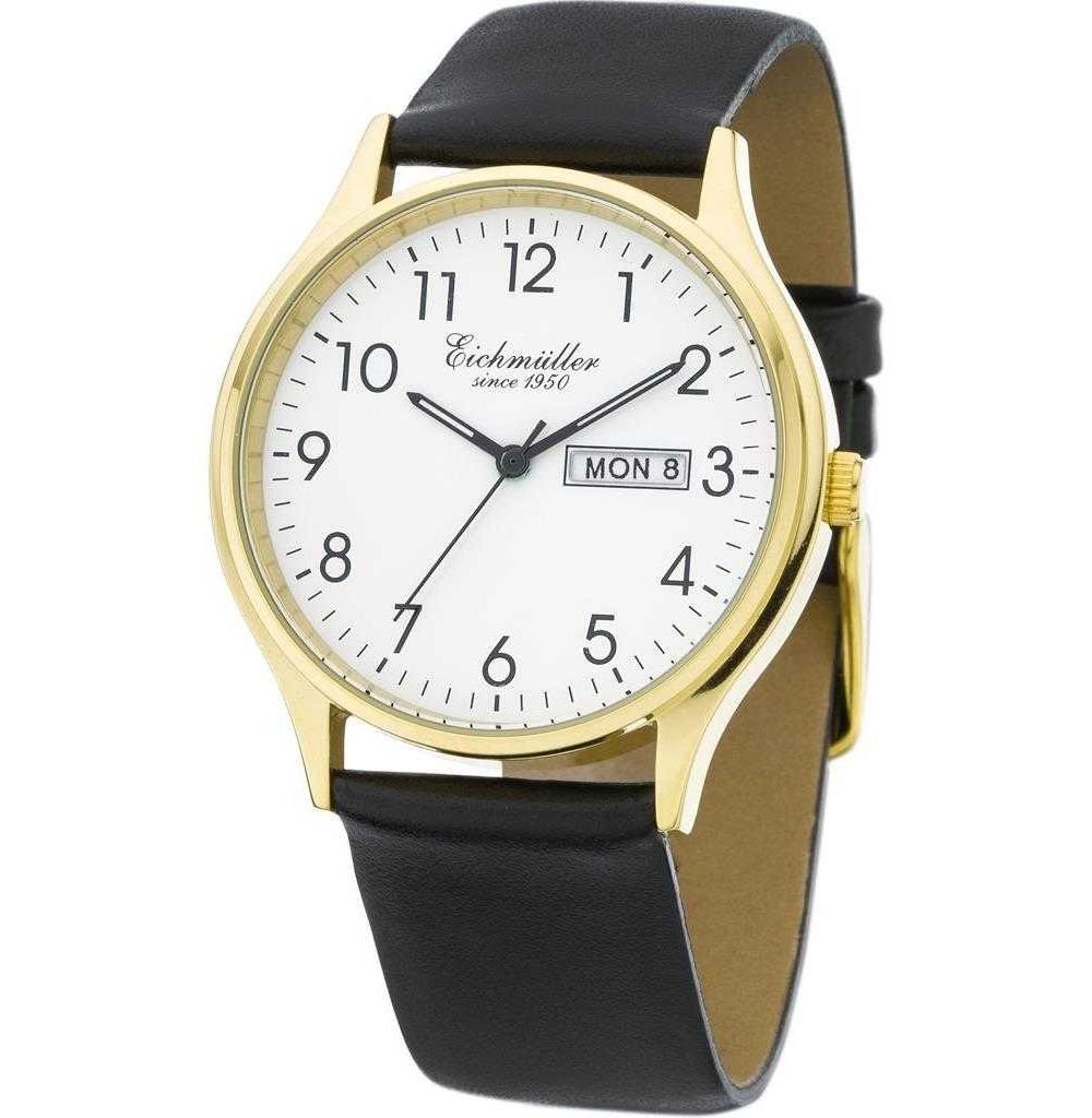 Eichmüller Quarzuhr Herrenuhr - Vergoldete Armbanduhr mit weißem Zifferblatt 3053-02, Lederband, 38 mm, elegantes Design, präzises Quarzwerk