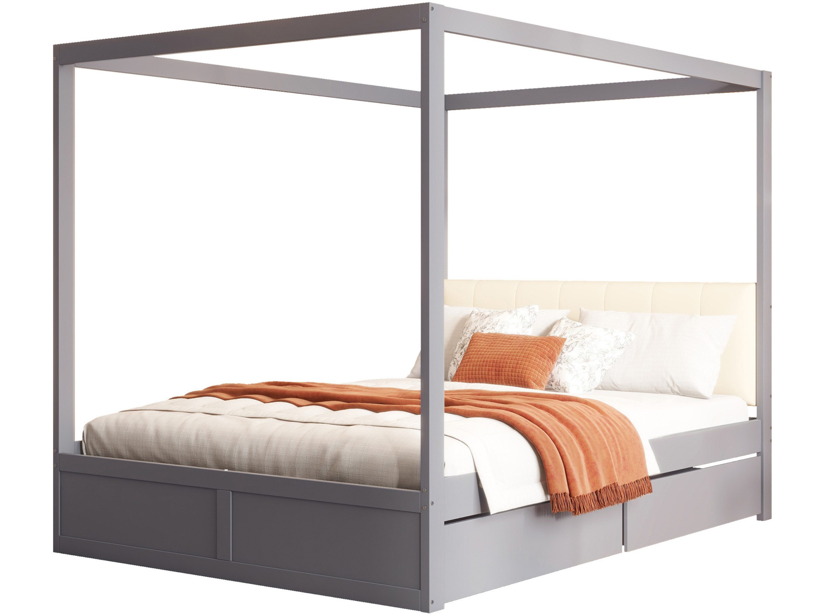 SeedWave Holzbett Modern Himmelbett Doppelbett mit Rückenlehne, 2 Schubladen, 140×200cm, Schubfächer ohne Griffe, mit Oberrahmen zum Aufhängen