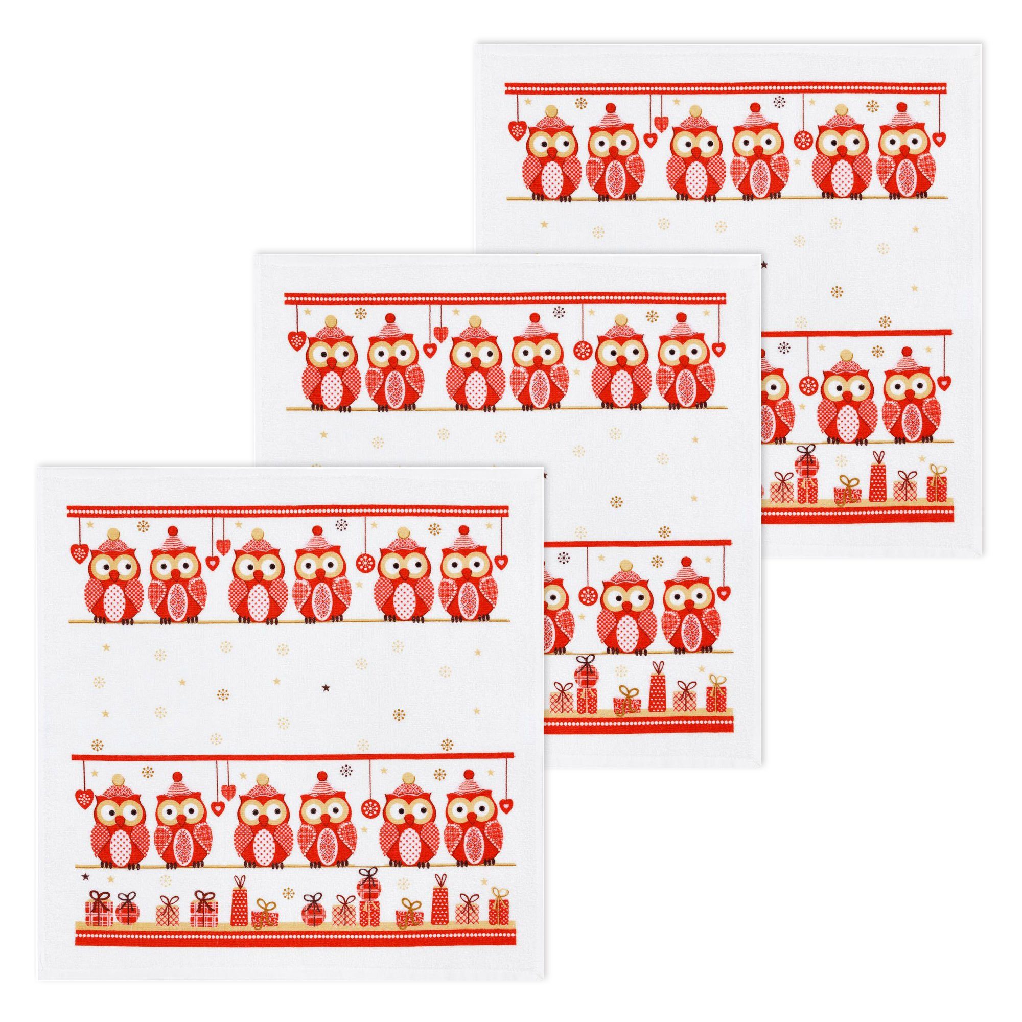 Kracht Geschirrtuch Weihnachtseulen, (Set, 3-tlg., Set), 3er Pack Frottee Küchenhandtücher (3 Stück) ca.50x50cm Baumwolle
