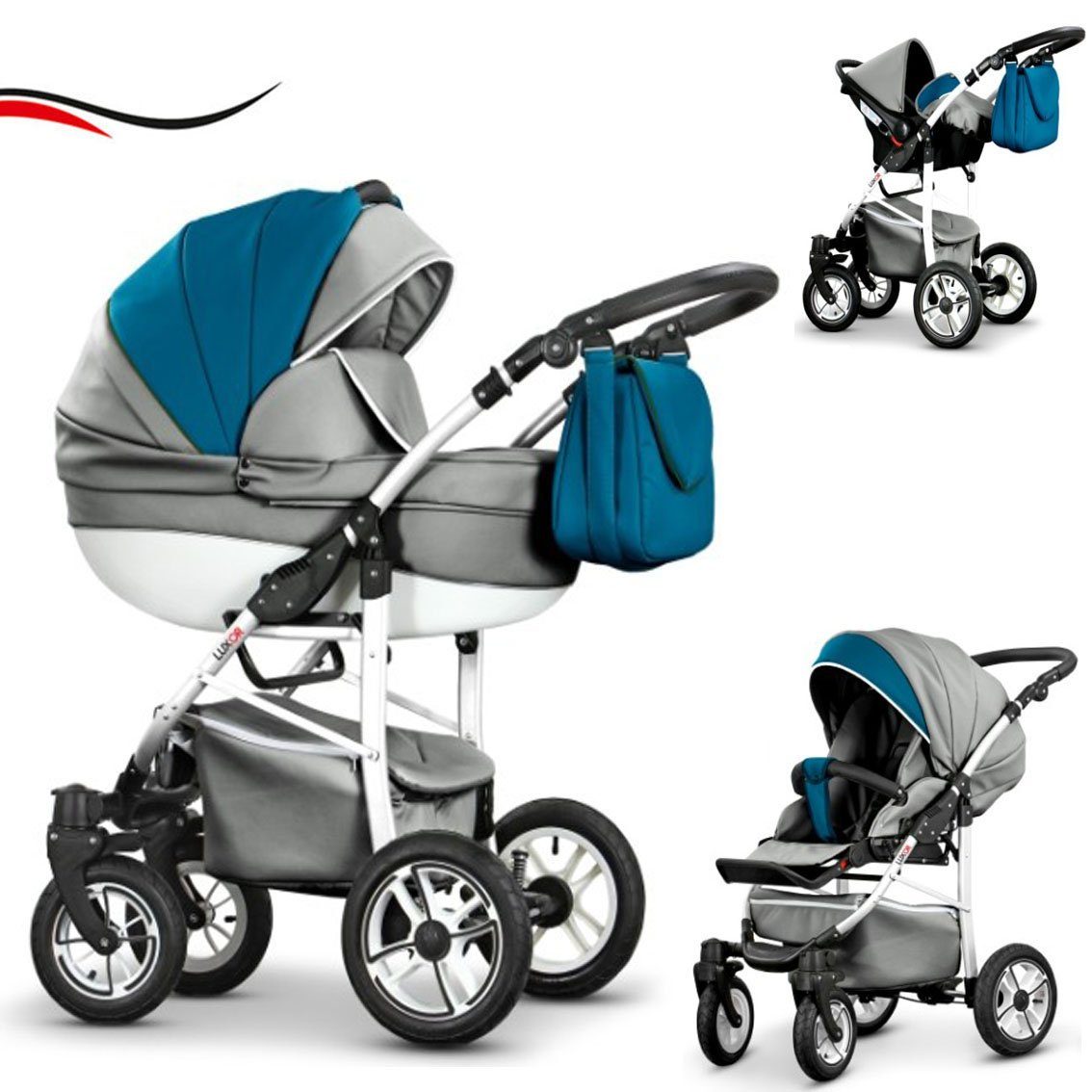 babies-on-wheels Kombi-Kinderwagen 3 in 1 Kinderwagen-Set Cosmo ECO - 16 Teile - in 29 Farben Hellgrau-Petrol Kunstleder