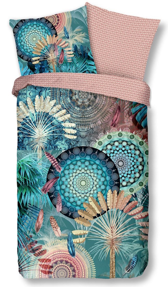 hip Bettwäsche wohnTRAUM24 by HIP Bettwäsche KANYA natürlich 100% Baumwolle, Satin, 2 teilig, Traumfänger Mandalas Federn Ornamente Bettwäsche Set petrol