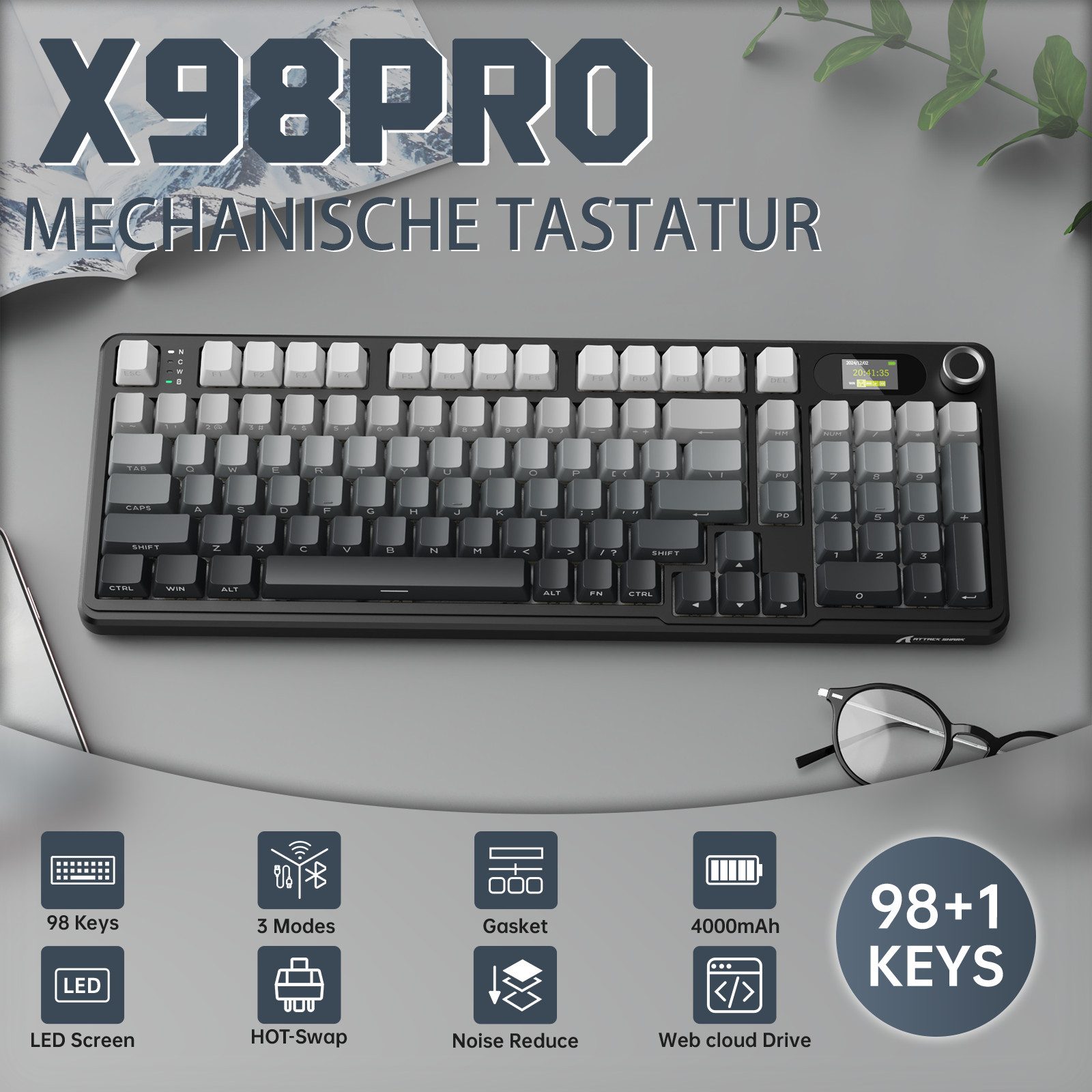 ATTACK SHARK X98PRO Tri-Mode Gasket Mechanische Gaming-Tastatur Gaming-Tastatur (LED-Farbbildschirm und CNC-Knopf,RGB,4000 mAh)