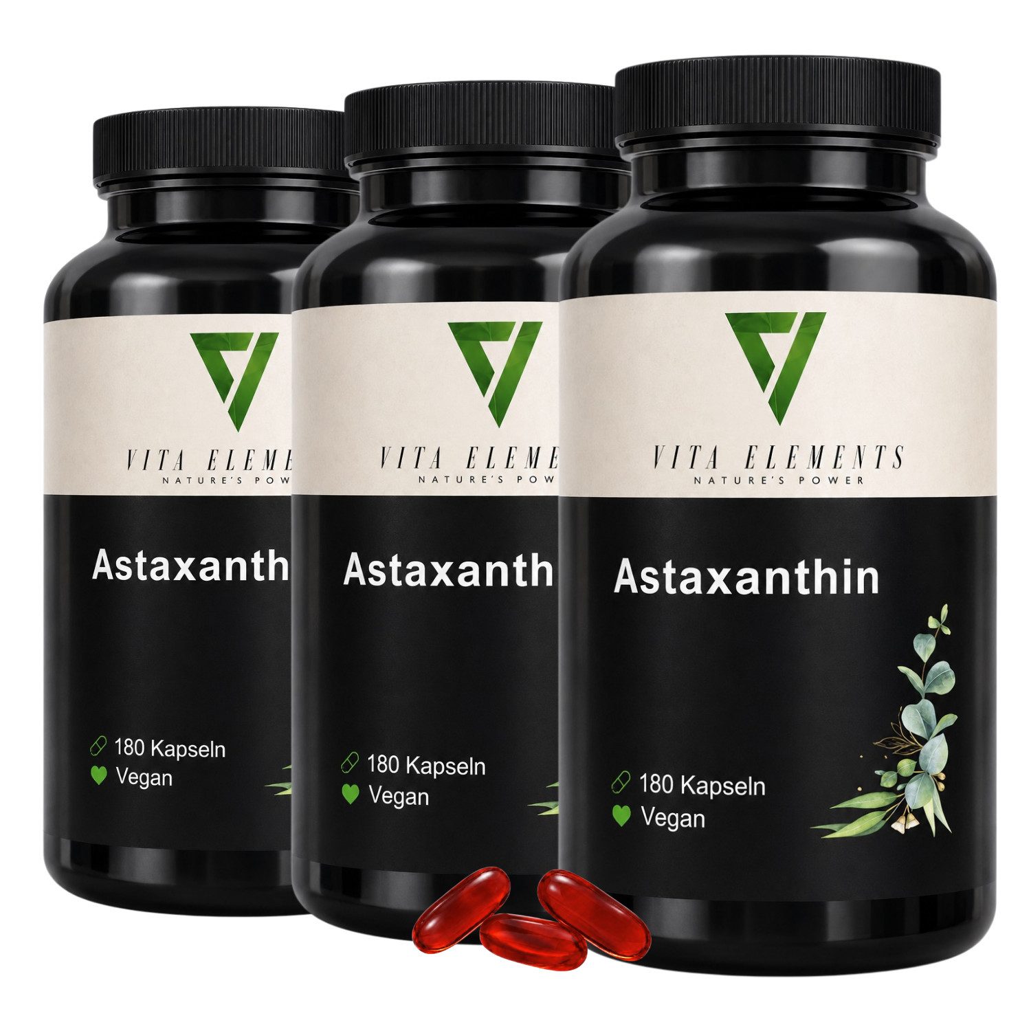 Vita Elements Astaxanthin - 12mg aus konzentriertem Algen-Oleoresin, 540 Kapseln, 3 er Spar-Set à 180 St., Vegan, Frei von Gentechnik, Ohne Fischöl & Gelatine, Laborgeprüft