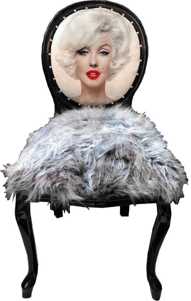 Casa Padrino Esszimmerstuhl Luxus Barock Esszimmer Stuhl Marilyn Monroe Grau / Schwarz 50 x 60 x H. 104 cm - Handgefertigter Pop Art Designer Stuhl mit Kunstfell - Barock Esszimmer Möbel