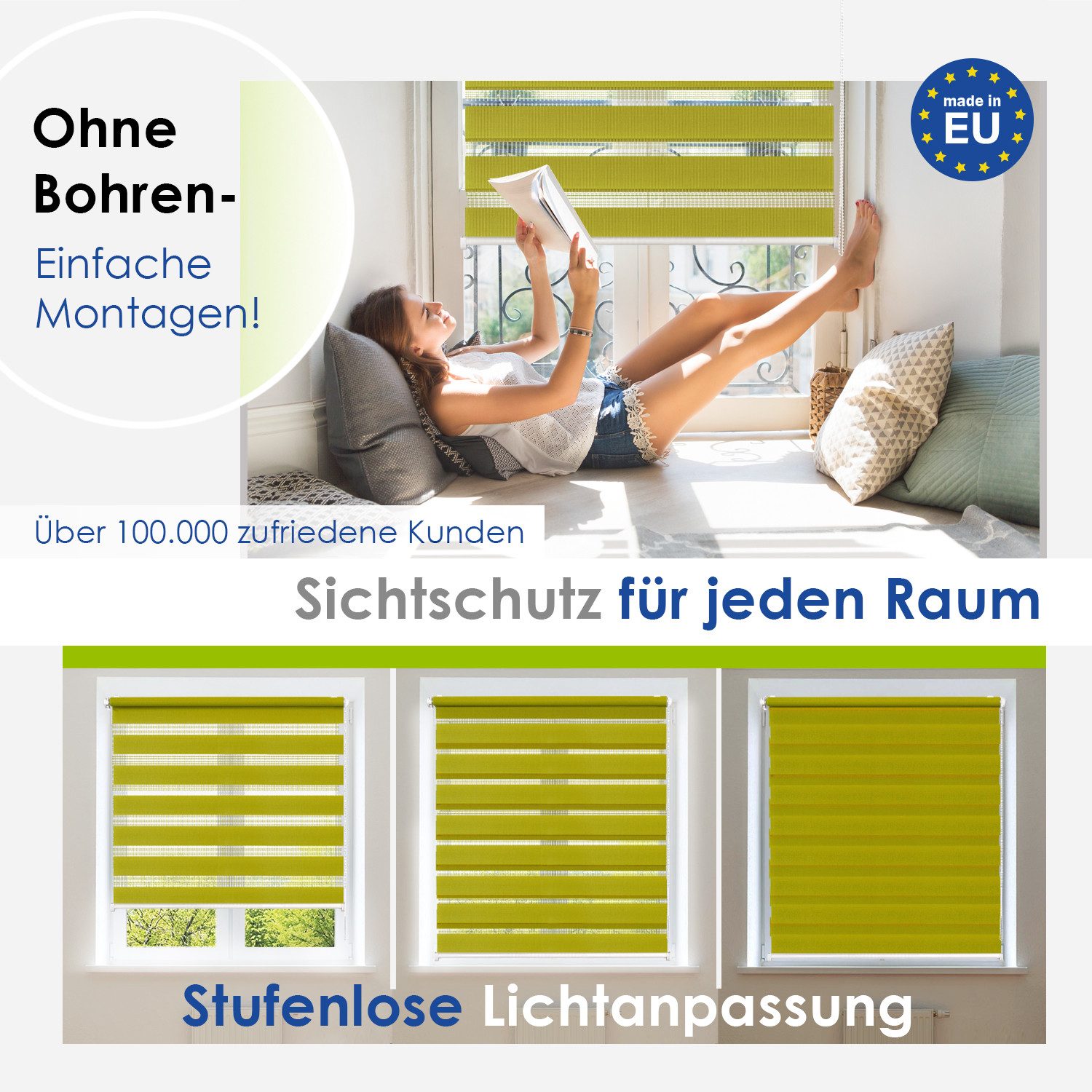 Doppelrollo Klemmfix, ohne Bohren, Sichtschutz, Rikmani, Klemm- oder Schraubmontage, Moderne Optik, Klemm- oder Schraubmontage, Sicht- und Sonnenschutz