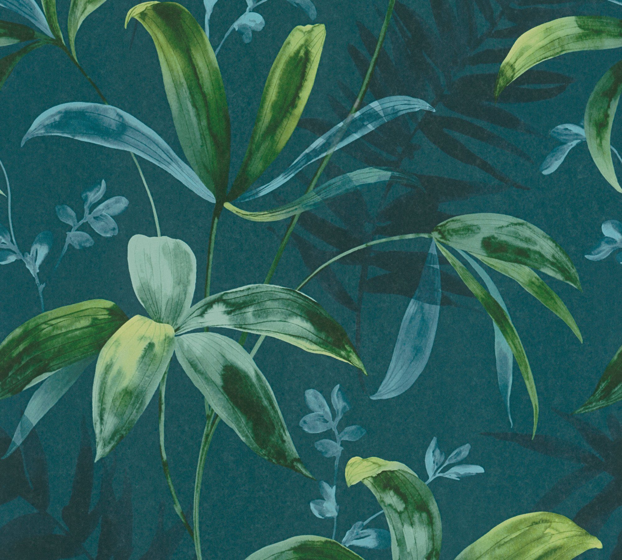 Dschungel tropisch, blau/grün Jungle glatt, Chic, floral, botanisch, Paper Architects Palmentapete Vliestapete Tapete