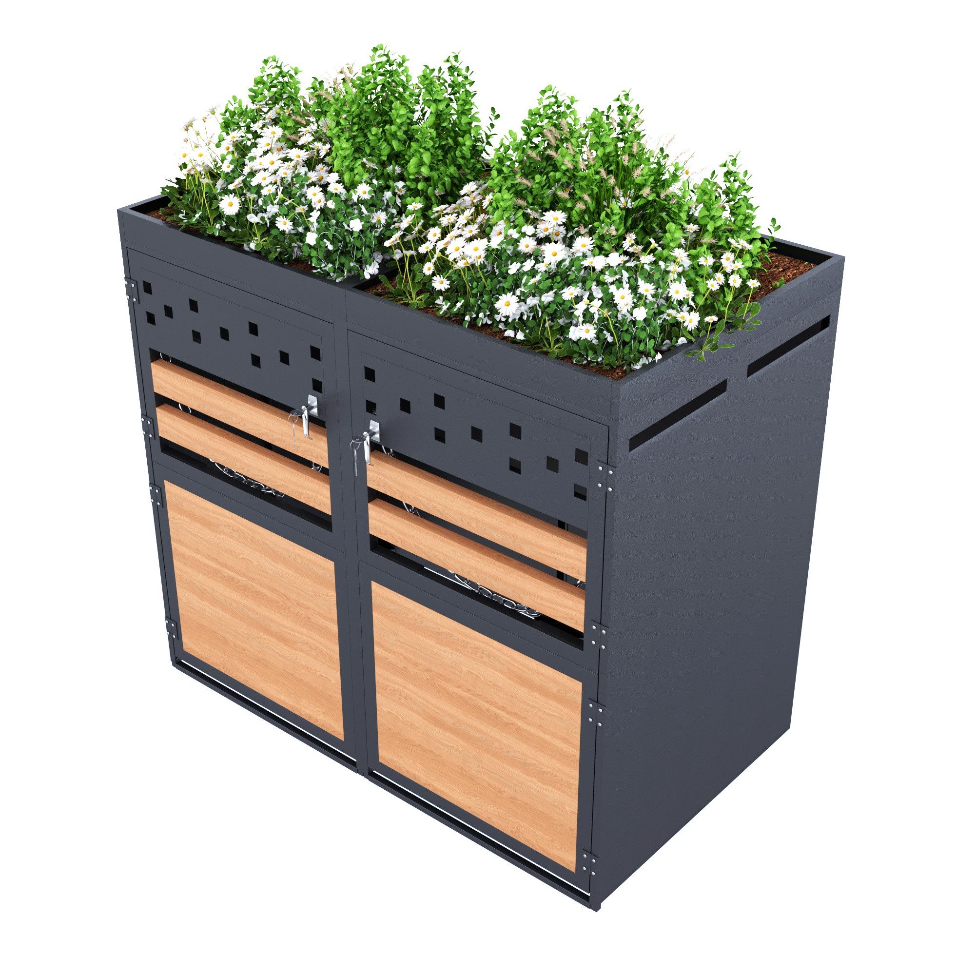 HAUSS SPOLE Mülltonnenbox mit Pflantdach, für 2 Mülltonnen 120-240 Liter, Tür in Holzoptik (Abfallstaufach, Abfalleimer, 1 St., fasst Mülltonnenbox mit einem Fassungsvermögen von 120-240 Litern), mit Belüftungslöchern