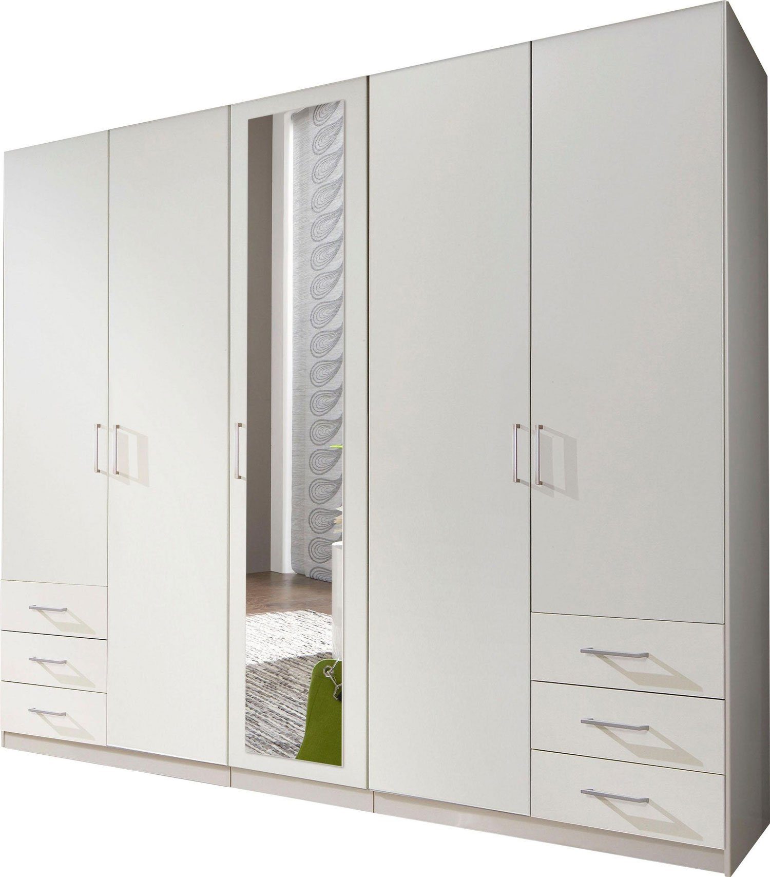 Wimex Kleiderschrank Fuegen 225cm weiß Spiegel 5-türig mit 6 Schubladen und  Spiegel