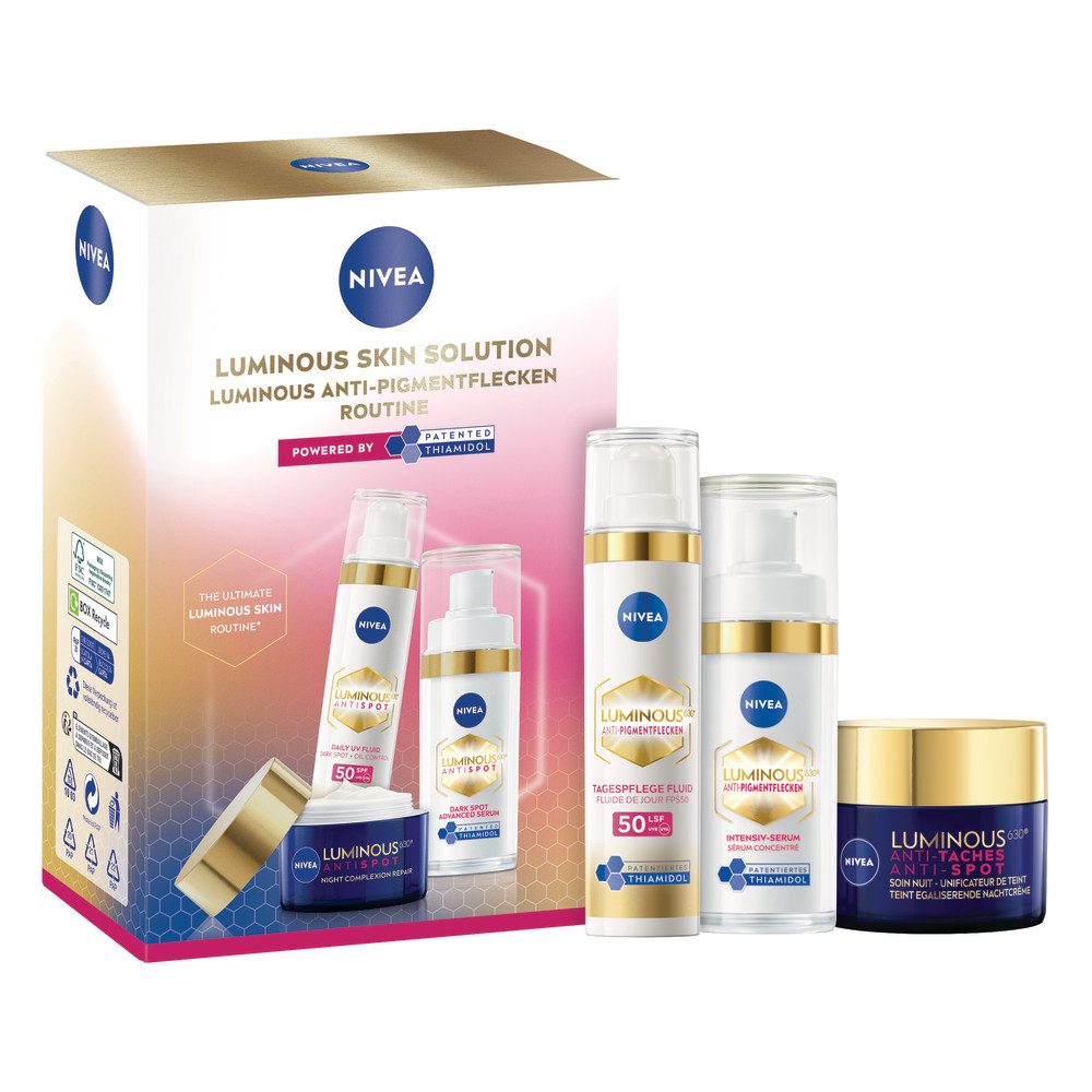 Nivea Gesichtspflege-Set NIVEA LUMINOUS630® Anti-Pigmenflecken Routine Set Set, 3-tlg., mit Hyaluronsäure und Vitamin E, für alle Hauttypen